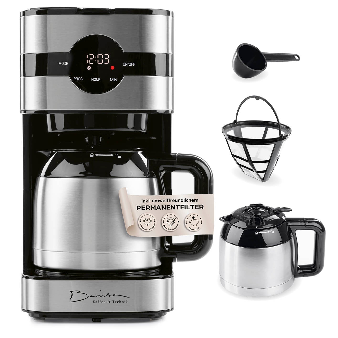 Filterkaffeemaschine Touch Iso - Silber mit doppelwandiger Isolierkanne, Timerfunktion, LED-Touchdisplay und permanentem Filtereinsatz.