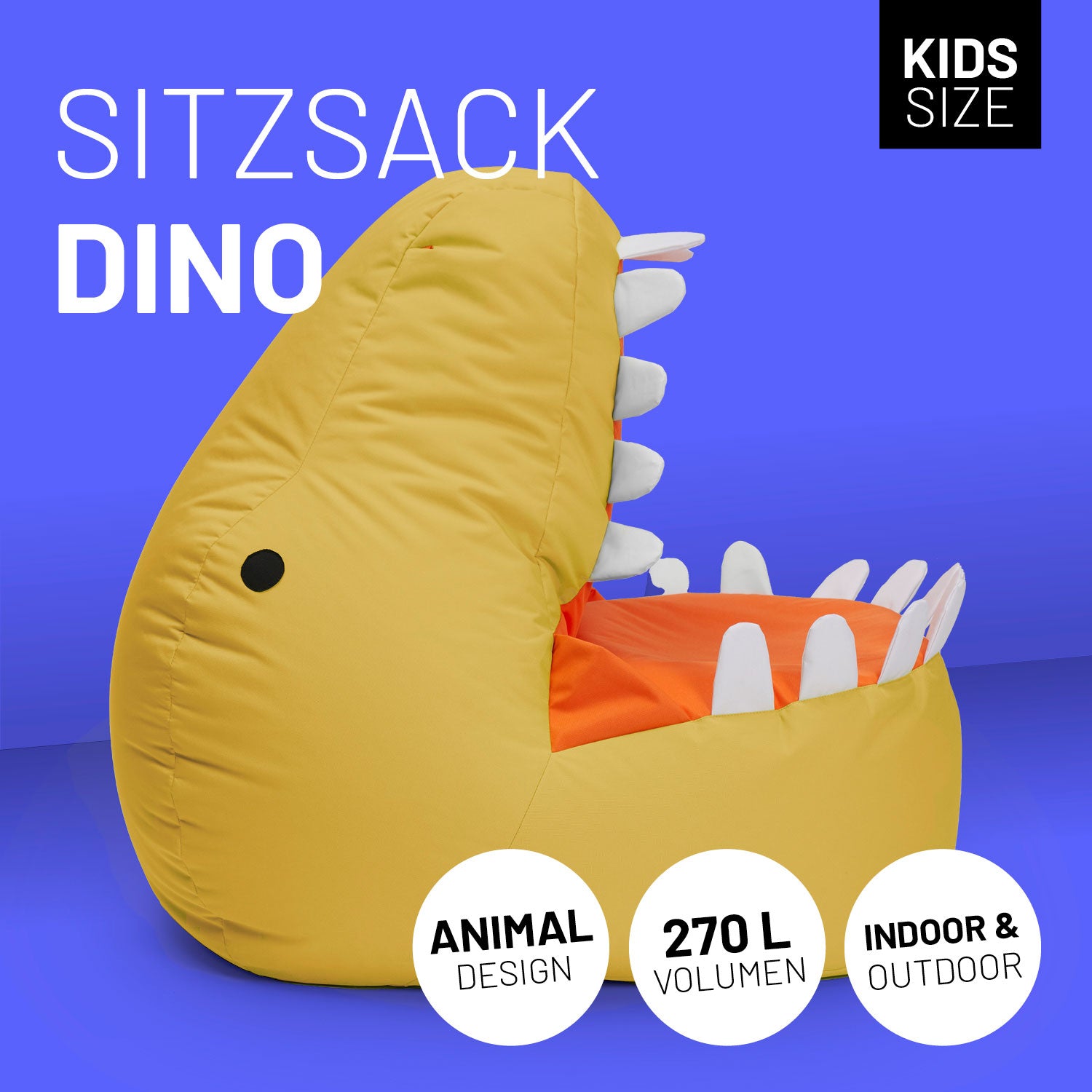 Kindersitzsack Animal Line Dino (270 L) Senfgelb, wasserabweisend, weich, robust, für Indoor & Outdoor, mit kuscheligem Maul als Lieblingsplatz.
