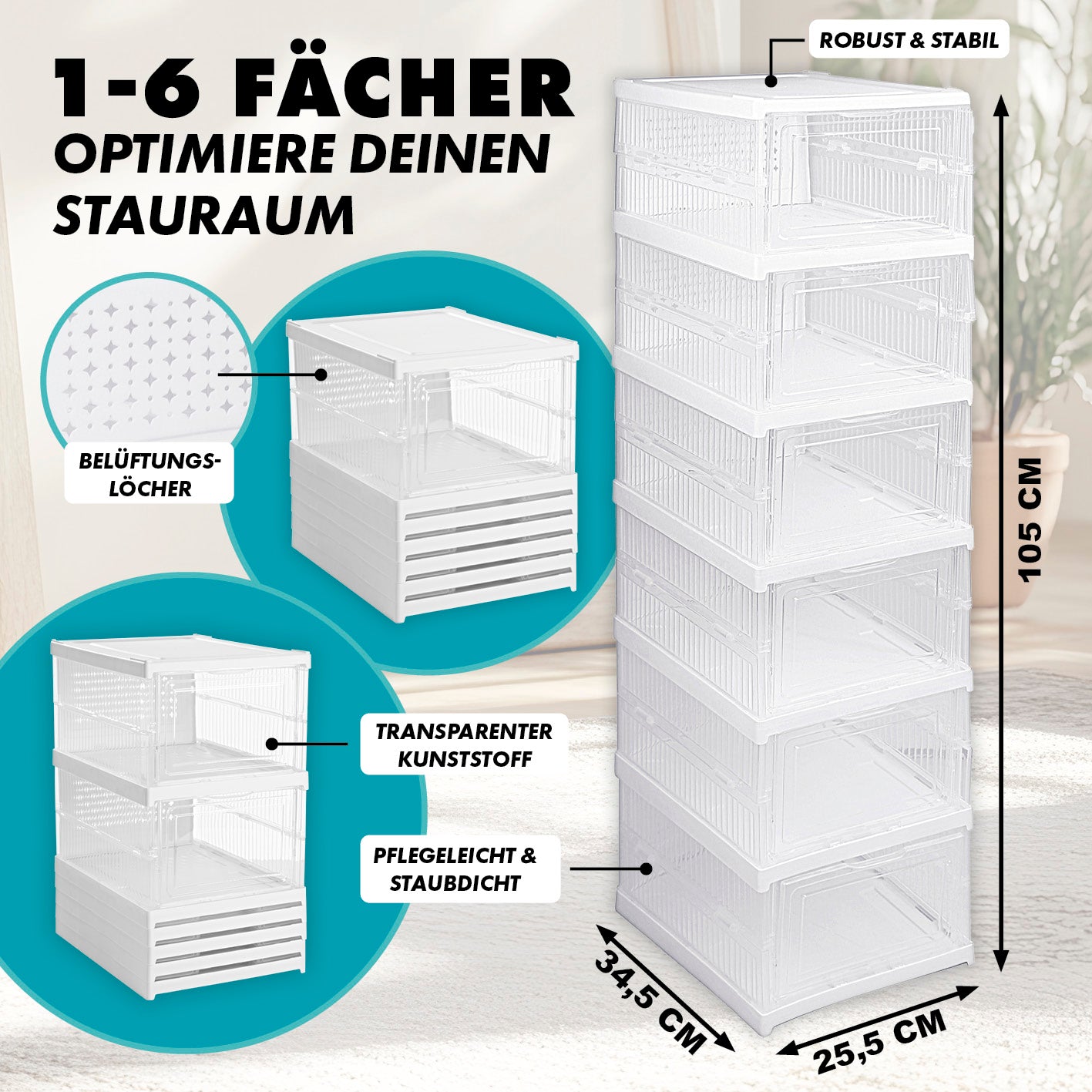Faltbares Schuhregal aus transparentem Kunststoff, 6 Fächer, pflegeleicht, faltbar und platzsparend mit Belüftungslöchern, 105 cm hoch.