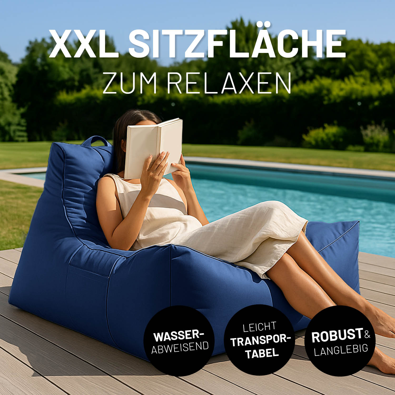 Premium Lounge-Sessel - 380 L - 100 x 100 x 80 cm - Navyblau mit XXL Sitzfläche, wasserabweisend, robust, leicht transportabel für Innen und Außen.