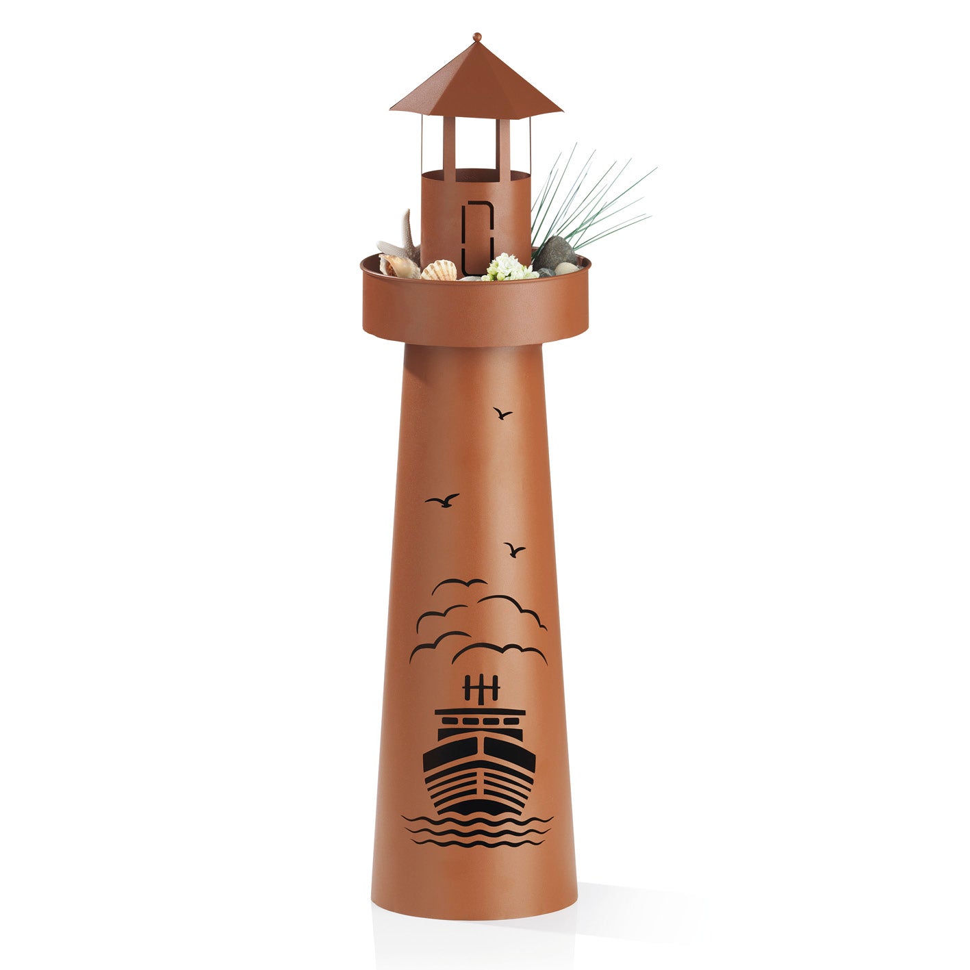 LED-Dekosäule Leuchtturm - 70 cm - braun mit LED-Beleuchtung, marine Motiven und bepflanzbarer Oberseite für dekorative Atmosphäre.