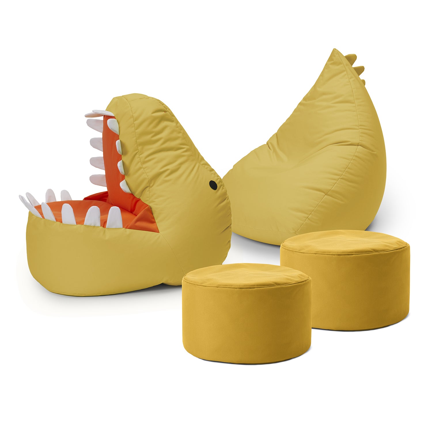 Kindersitzsack-Set "Dino" (4-tlg.) in Senfgelb, indoor & outdoor, wasserabweisend, mit Dino-Motiv und zwei Poufs.