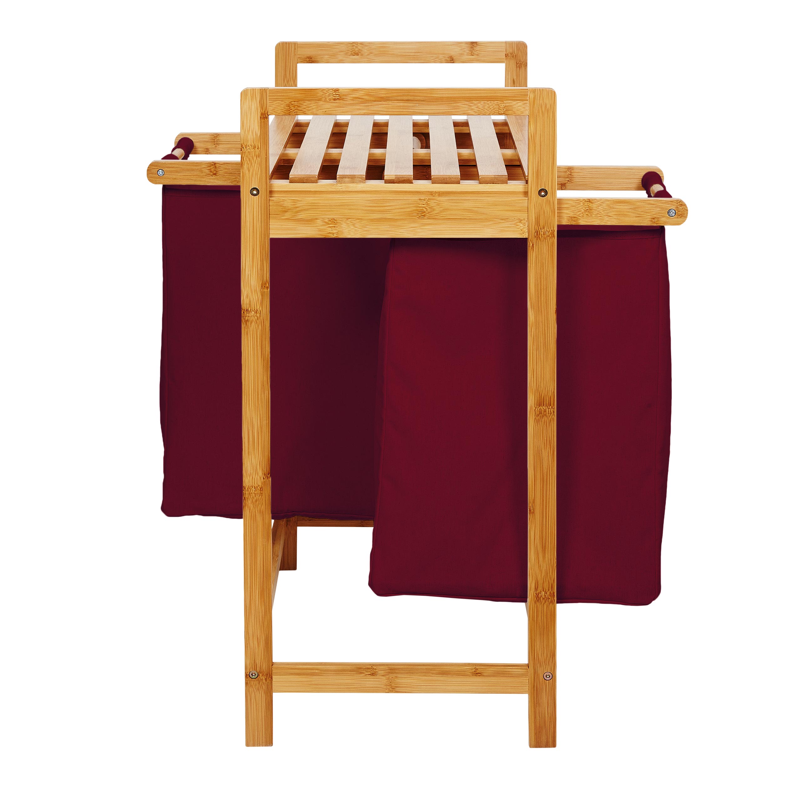 Bambus Wäschekorb mit 2 ausziehbaren Wäschesacken in Dunkelrot, 73x64x33 cm, mit Ablage und wasserabweisendem Innenraum.