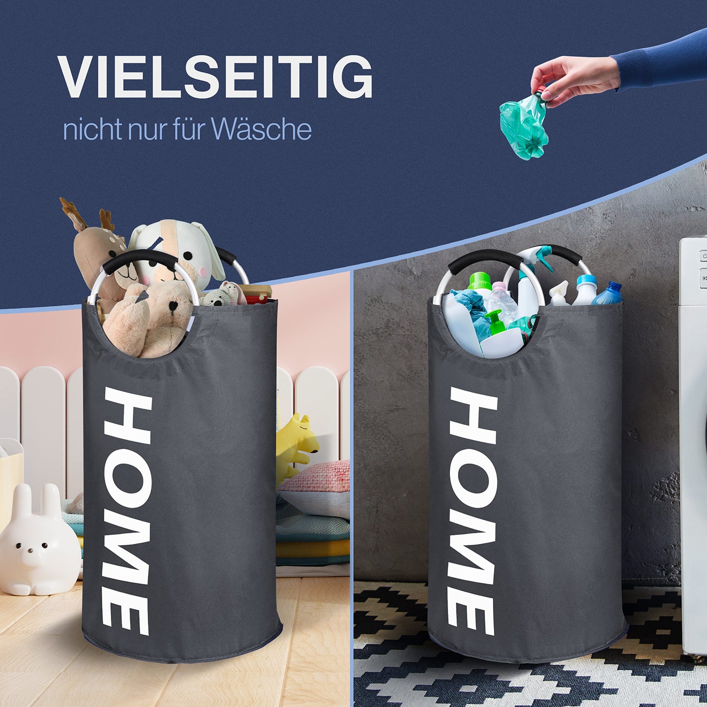 Faltbarer Wäschekorb - Grau - 82 Liter, großer, vielseitiger Wäsche- und Sammelkorb aus wasserabweisendem Polyester mit Tragegriffen.