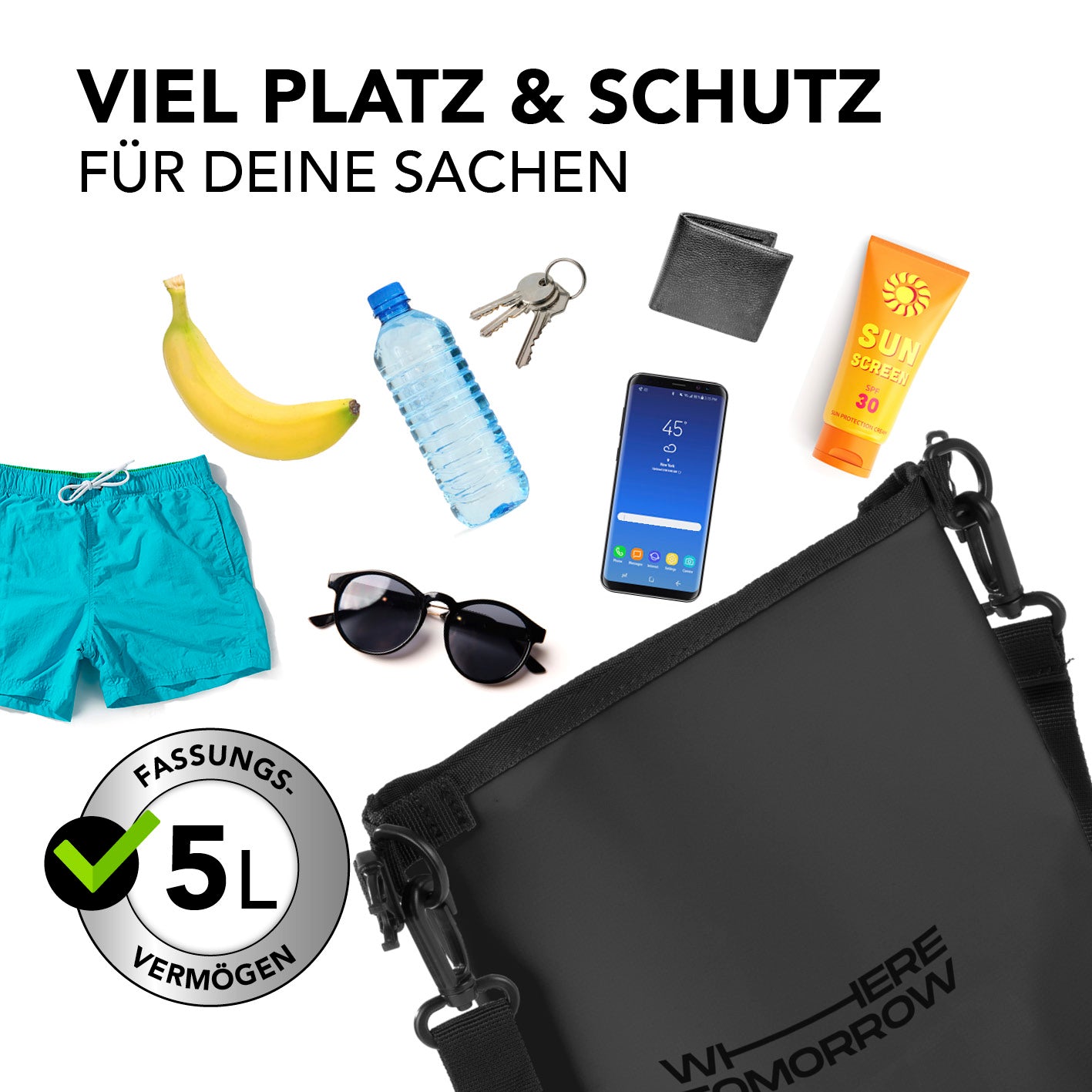 Dry Bag 5L - Style 01 - Schwarz mit 5L Fassungsvermögen, wasserdicht, robust, ideal für Outdoor und Wertsachenschutz.