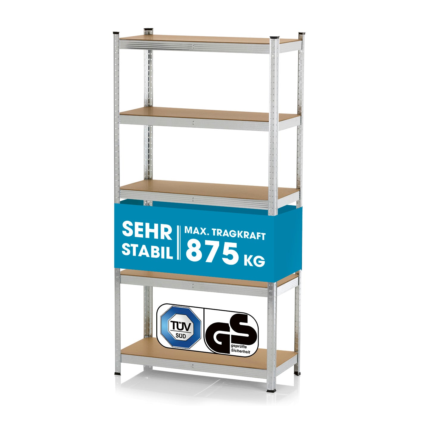 Schwerlastregal & Werkbank mit GS, 5 MDF-Böden, bis 175 kg Tragkraft je Regalboden, 180 x 90 x 40 cm, stabil und belastbar.