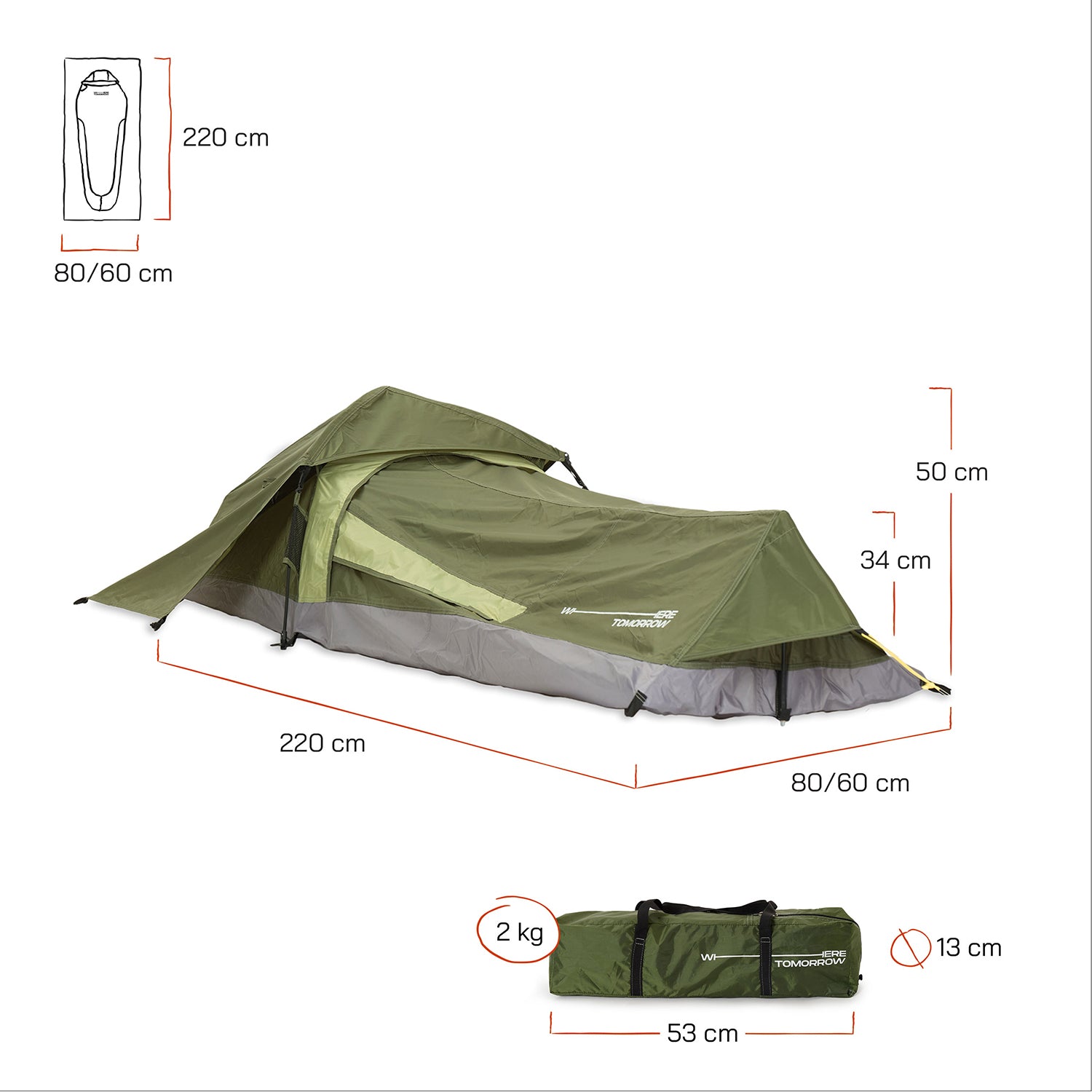 1-Personen-Zelt - Rechteck - 220x80x50 cm - Grün, ultraleicht, kompakt, schnell aufbaubar, ideal für Wanderungen und Outdoor-Aktivitäten.