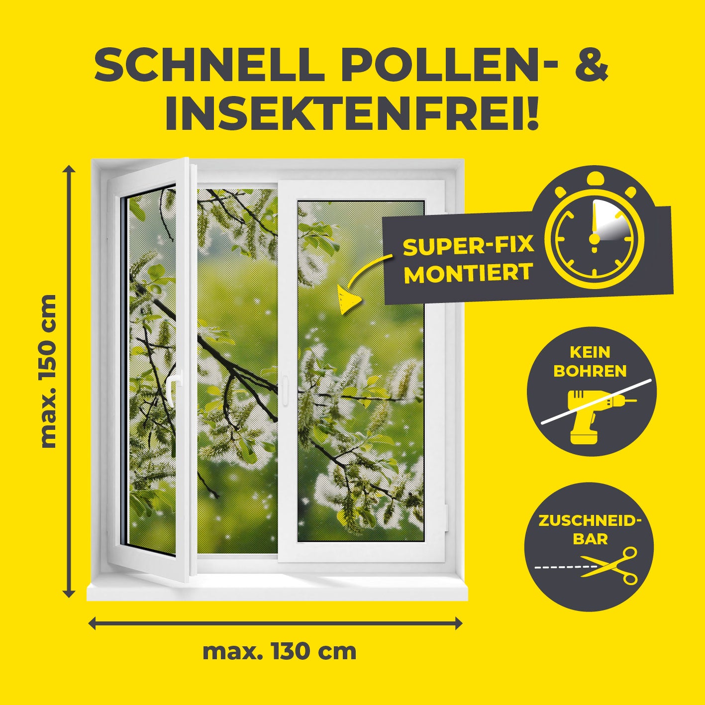 Insekten- & Pollenschutzgitter mit Magnetbefestigung für Fenster bis zu 130 x 150 cm, schnell montiert ohne Bohren, zuschneidbar.