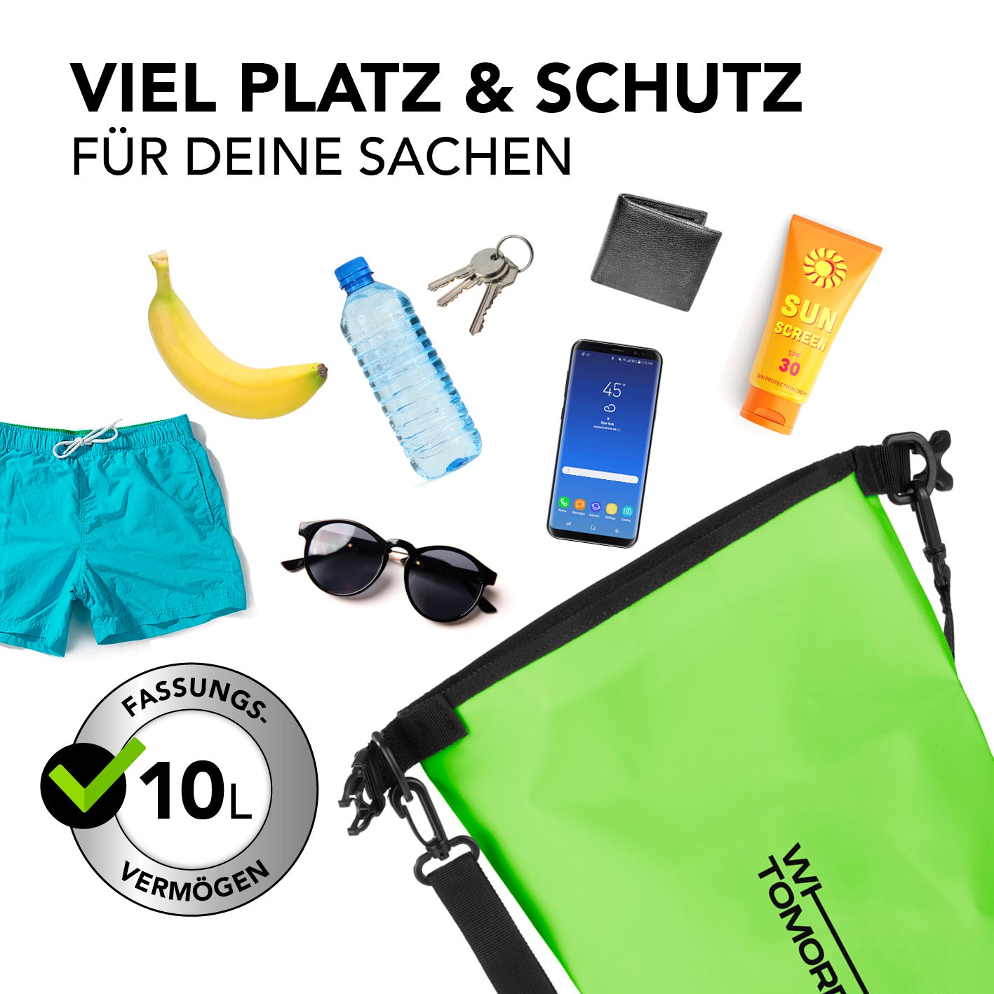 Dry Bag 10L - Style 02 - Grün mit 10L Fassungsvermögen, wasserdicht, robust, UV-Schutz, ideal für Outdoor-Abenteuer und Wertsachenschutz.