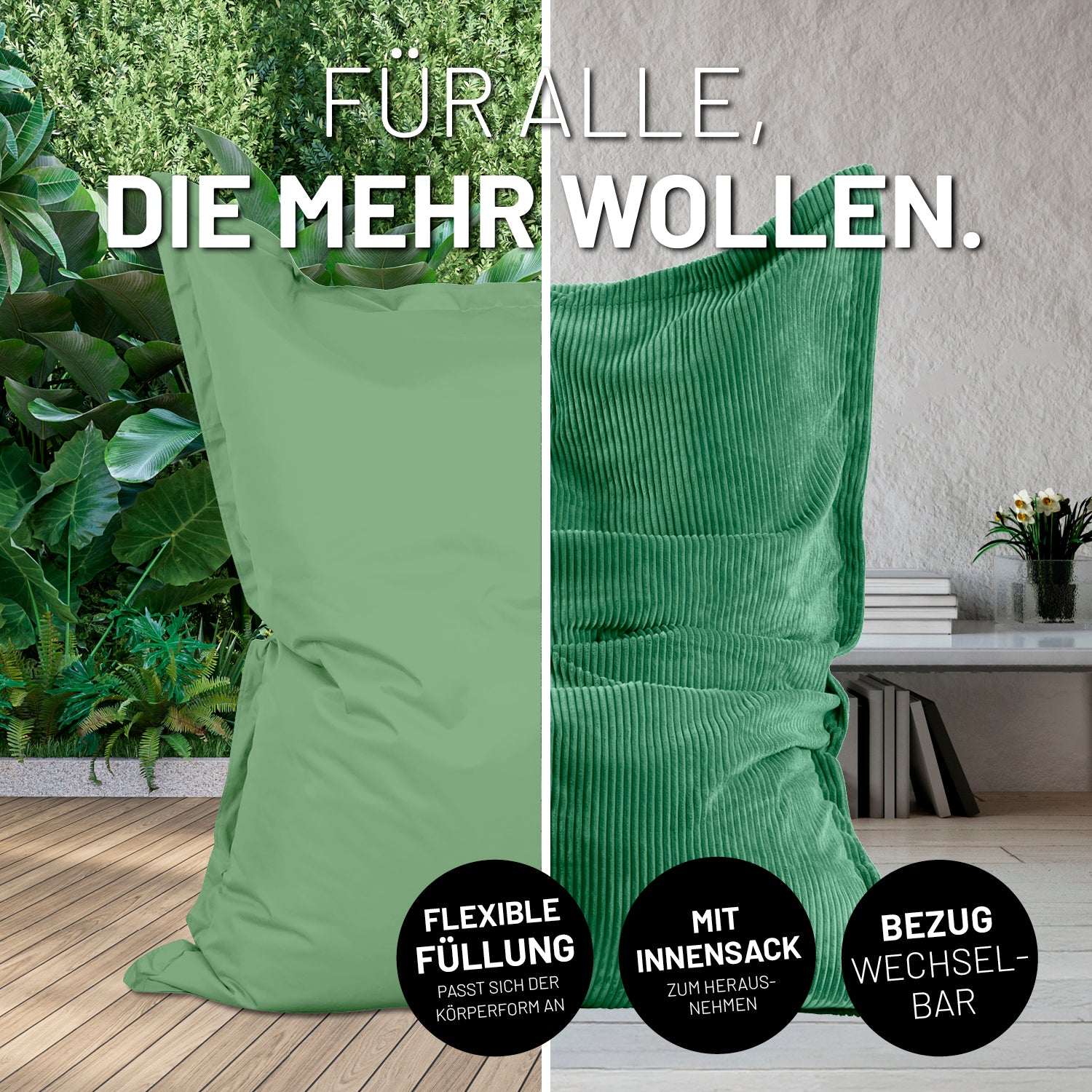 Sitzsack Classic XXL All-in-One Set - 380 L - 140 x 180 cm - Pastellgrün mit wechselbaren Bezügen und flexiblem Innensack.
