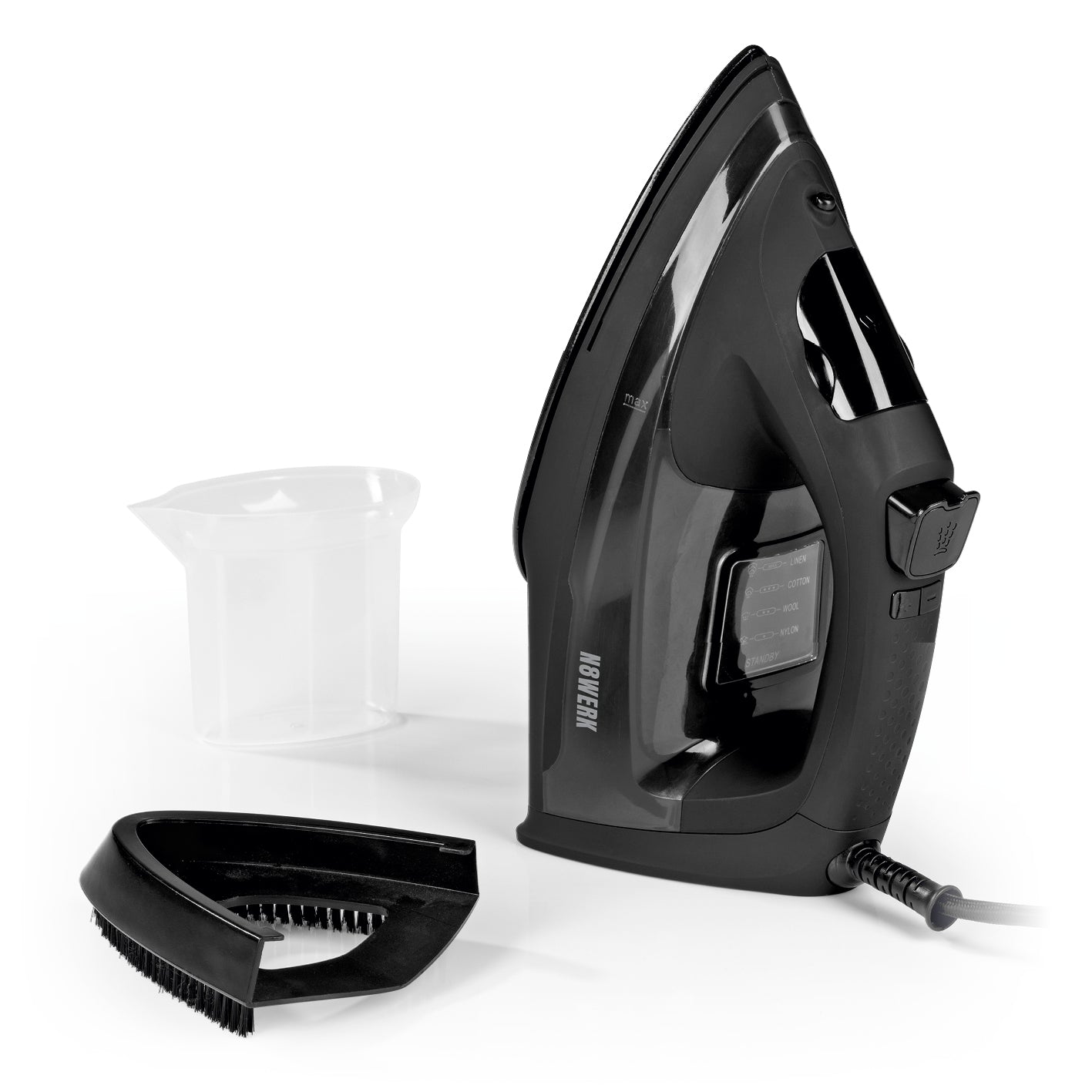Dampfbügeleisen Midnight Black Edition mit Dampfgenerator, LCD-Anzeige und ergonomischem Soft-Touch-Griff in elegantem Schwarz.