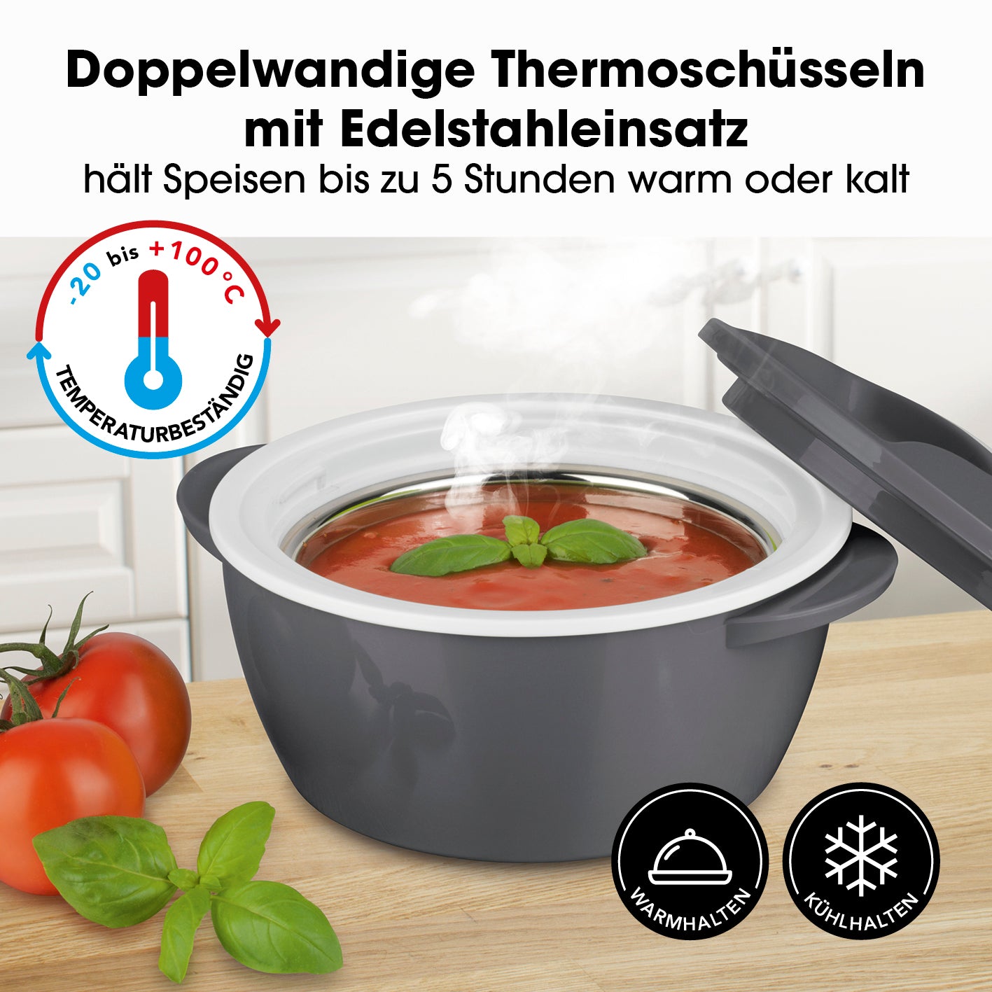 Thermo-Schüssel Mikrowelle - 450 ml grau/weiß mit Edelstahl, hält Speisen bis zu 5 Stunden warm oder kalt, temperaturbeständig von -20 bis 100 °C.