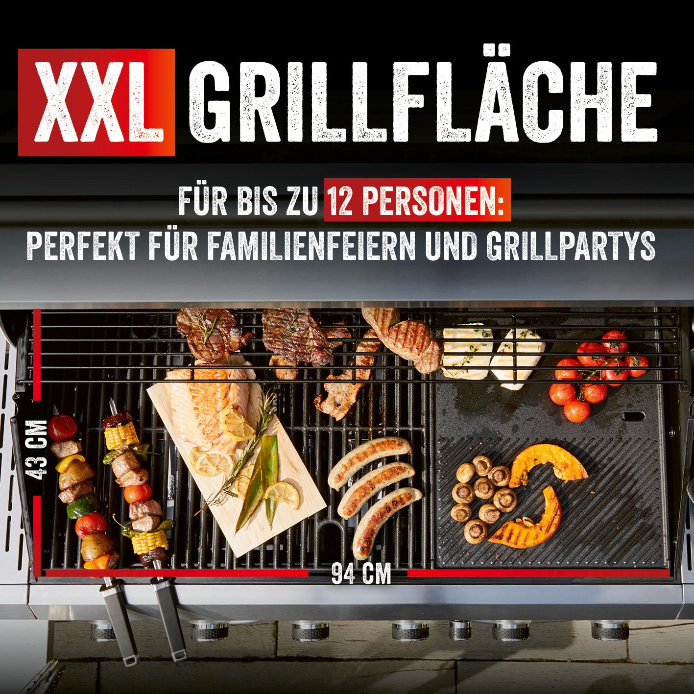 Gasgrill Rexon 6.1 cooK Edelstahl mit XXL Grillfläche 94x43 cm für bis zu 12 Personen, ideal für Familienfeiern und Grillpartys.
