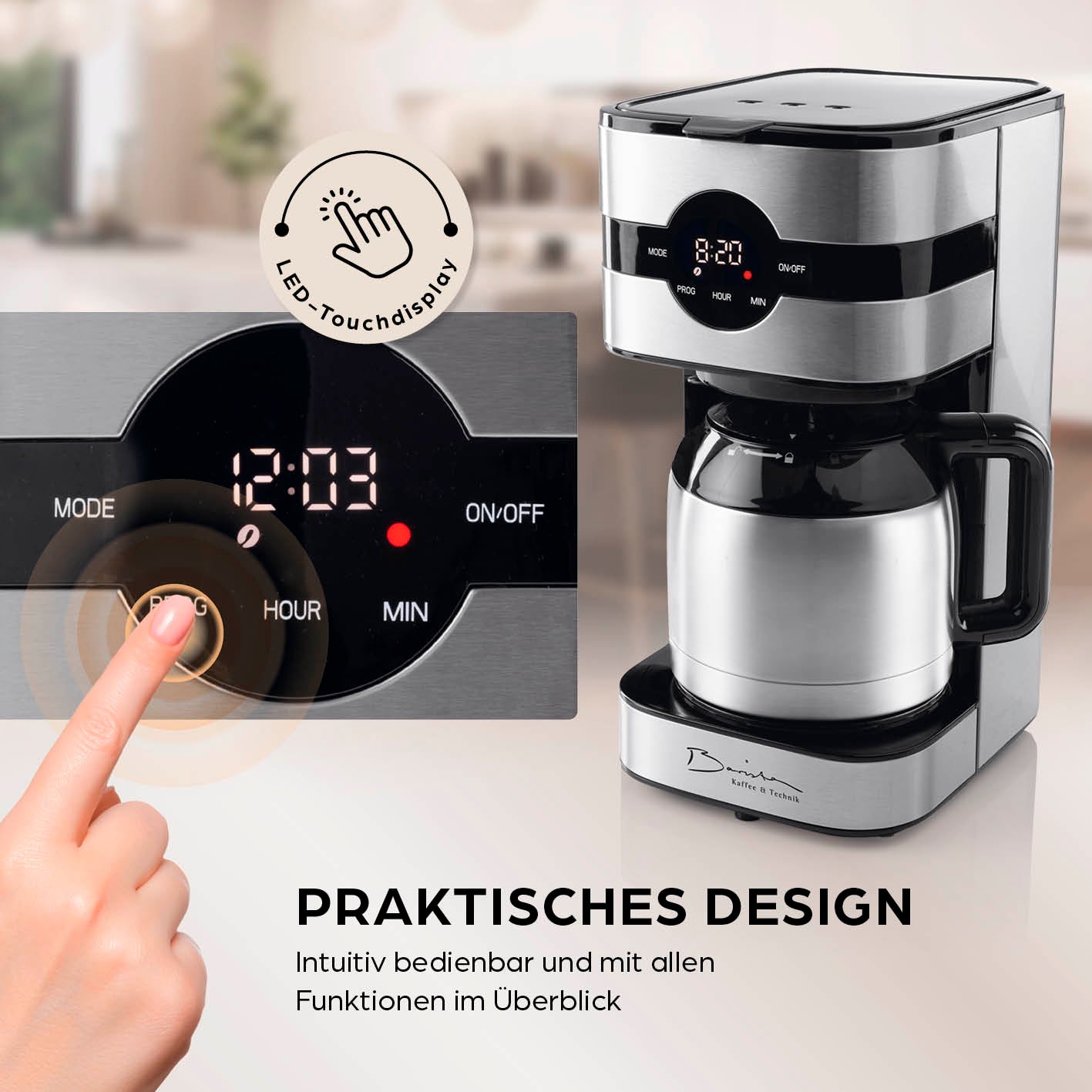 Filterkaffeemaschine Touch Iso - Silber mit LED-Touchdisplay, Timerfunktion und doppelwandiger Edelstahl-Isolierkanne für bis zu 8 Tassen.