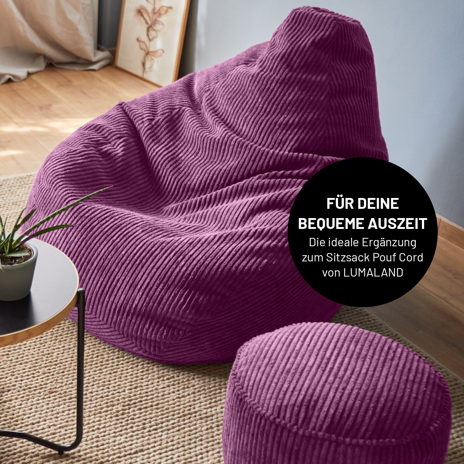 Sitzsack GIANT aus der Cord-Reihe - Weinrot mit geripptem Stoff, großer Sitzfläche und komfortabler EPS-Füllung für modernes Wohnen.