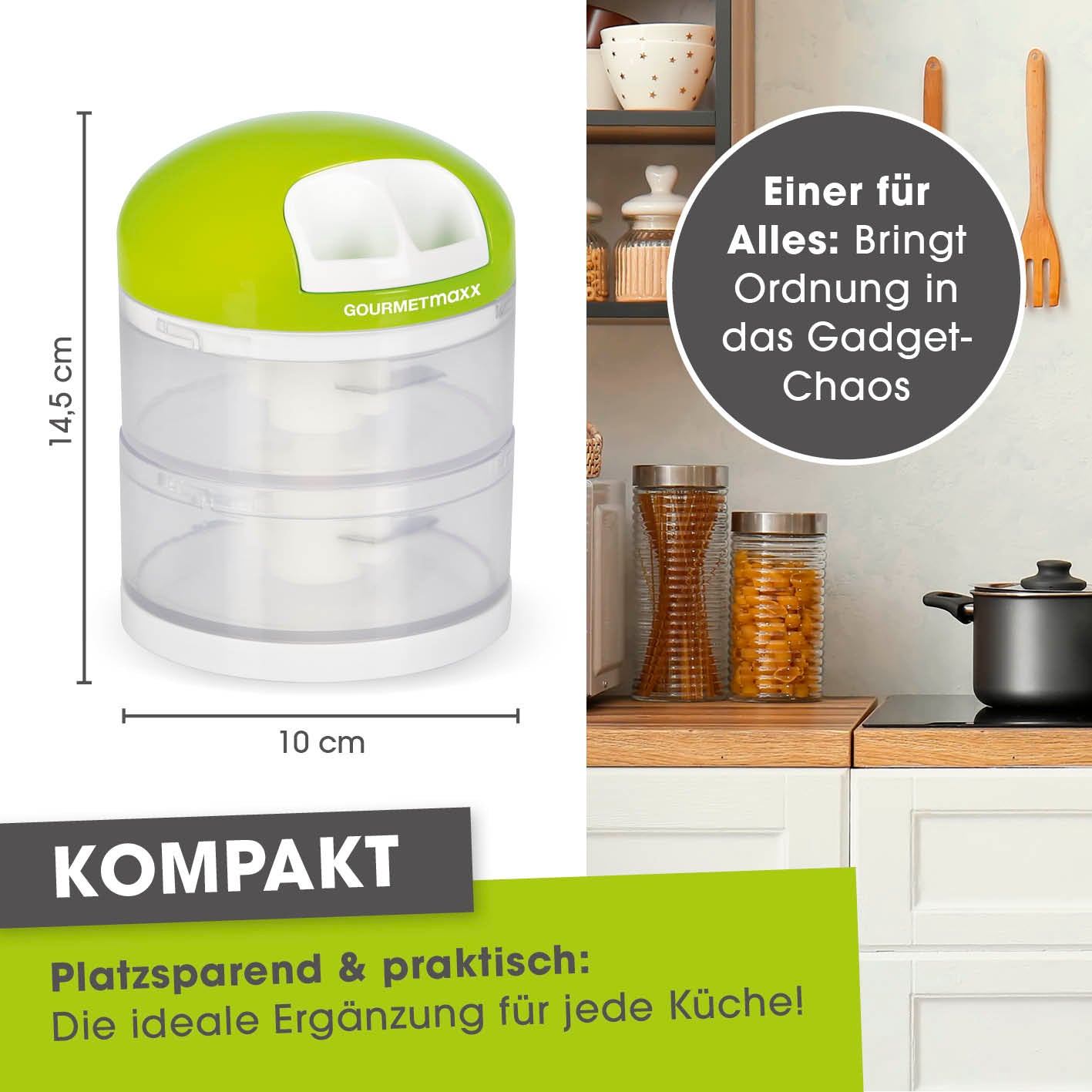 Multi-Zerkleinerer mit praktischem Zugmechanismus & 2 getrennten Behältern, kompakt, platzsparend und ideal für jede Küche.