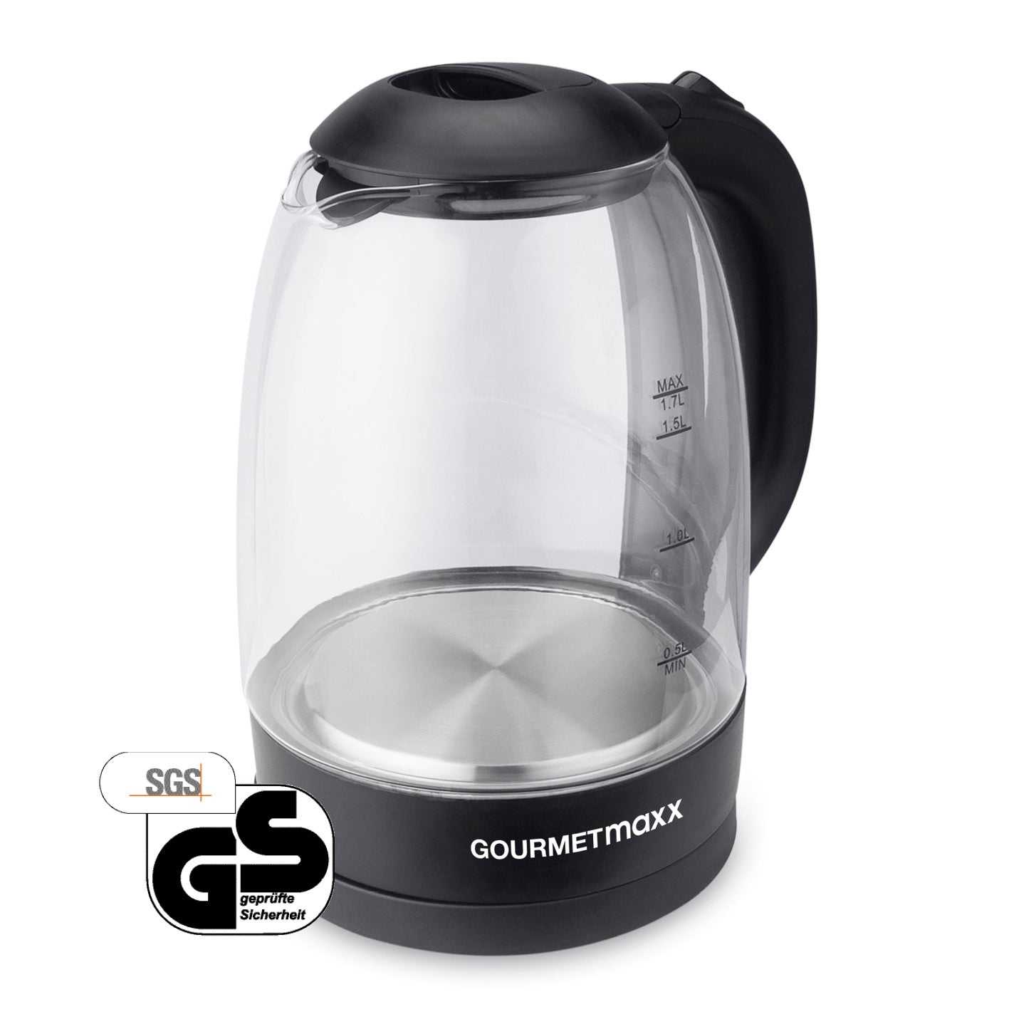 Glas-Wasserkocher 1,7 l - Schwarz kabellos, 360° drehbar, mit LED-Beleuchtung, Wasserstandsanzeige und Kalkfilter, Marke GOURMETmaxx.