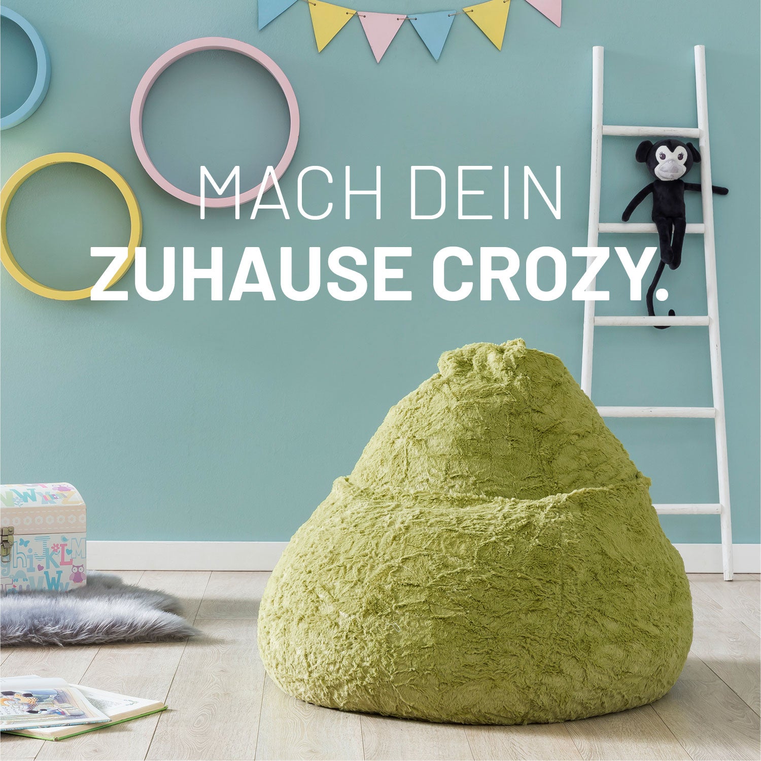Luxury Fluffy Sitzsack (120 L) Grün aus weichem Webplüsch, ergonomisch, robust und geruchsneutral für moderne Wohnungen.