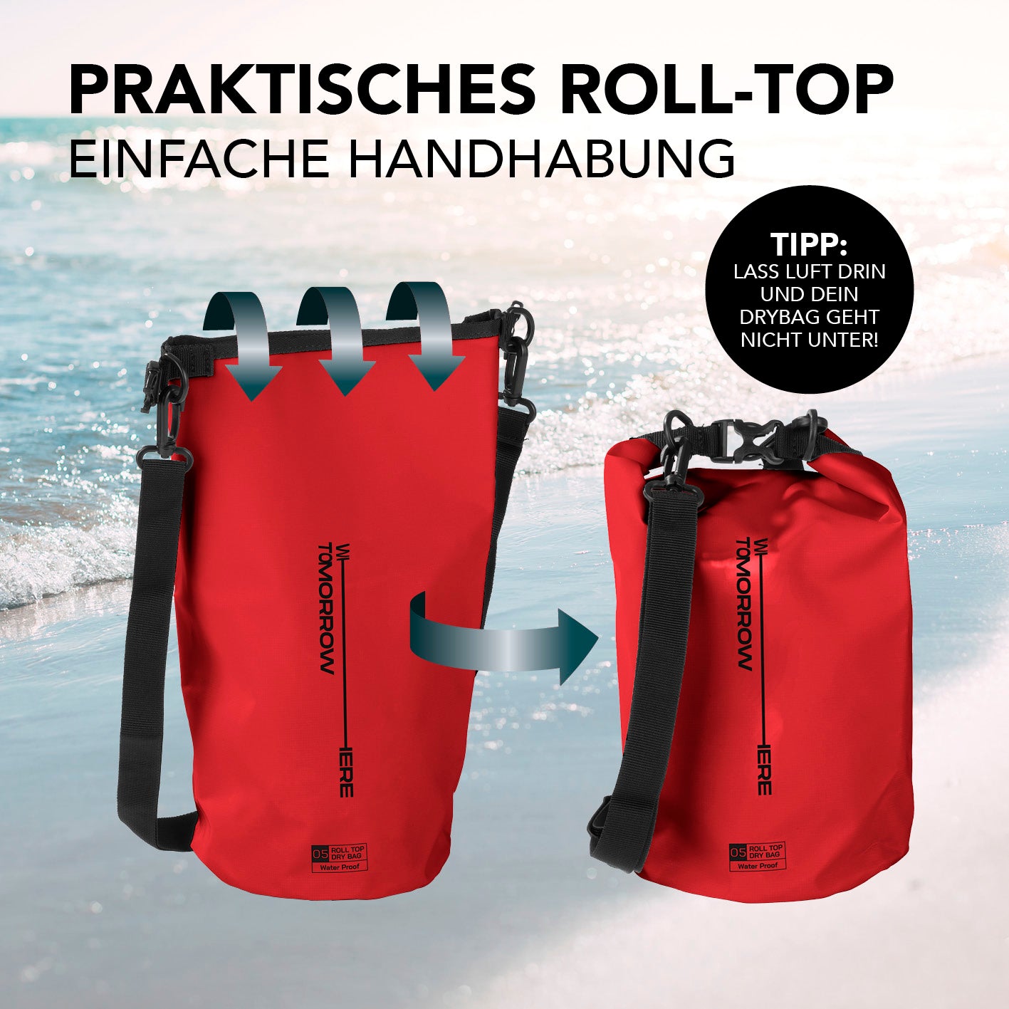 Dry Bag 5L - Style 02 - Rot mit wasserdichtem Rolltop-Verschluss und verstellbarem Schultergurt für Outdoor-Abenteuer.