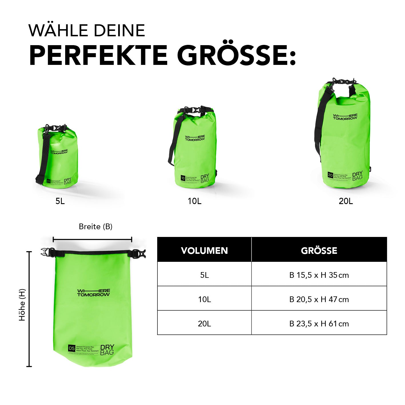 Dry Bag 5L - Style 01 - Grün, wasserdichte, robuste Tasche mit UV-Schutz und verstellbarem Schultergurt für Outdoor-Aktivitäten.