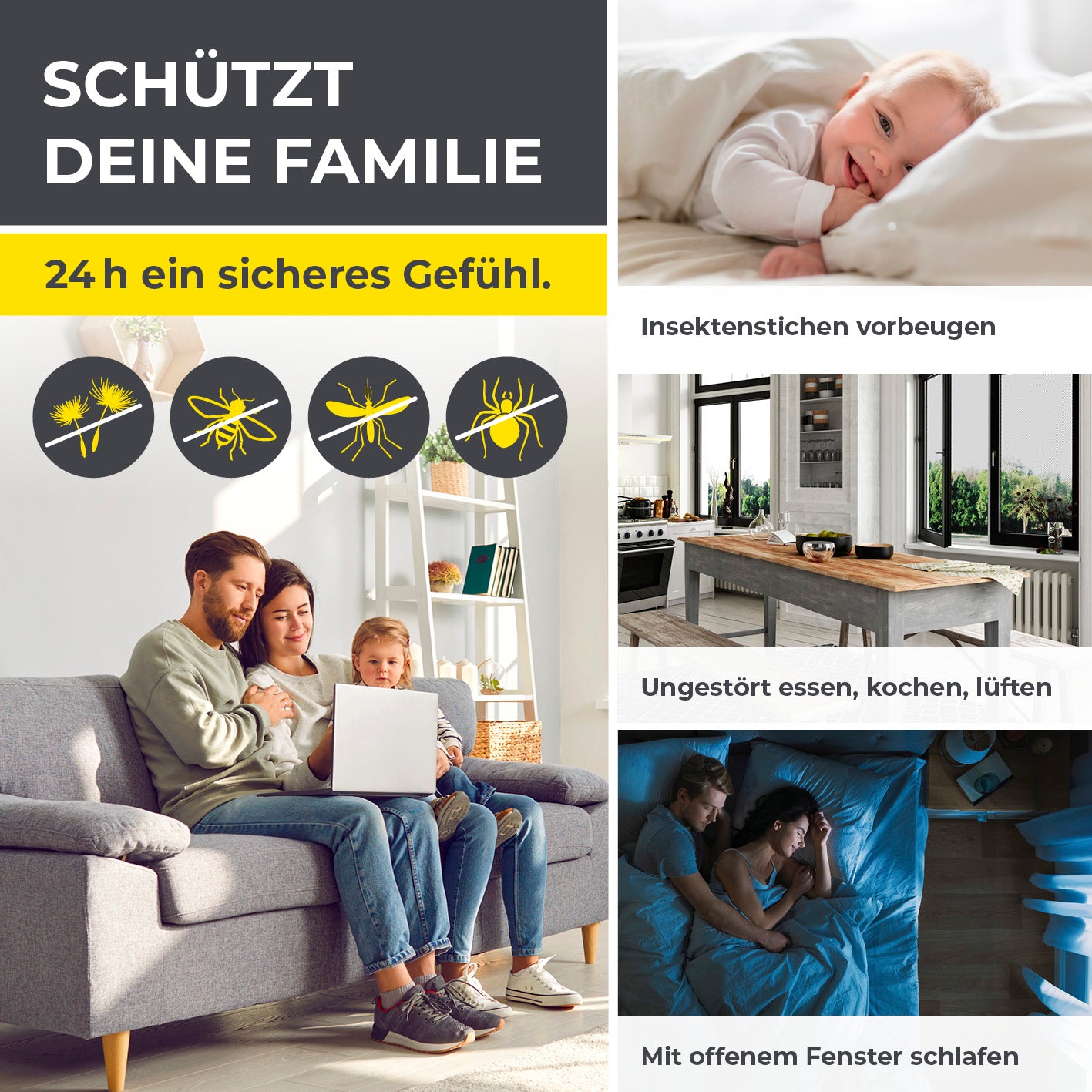 Insekten- & Pollenschutzgitter mit Magnetbefestigung - 4er-Set - 150x180cm - Schwarz schützt Fenster zuverlässig vor Insekten und Pollen.