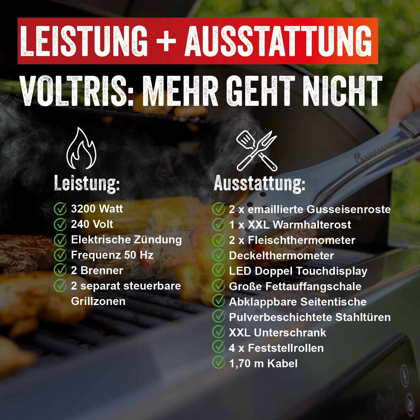 VOLTRIS Elektro-Grillwagen - Schwarz mit 2 Heizelementen, emaillierten Gusseisenrosten und LED Touchdisplay für bis zu 6 Personen.