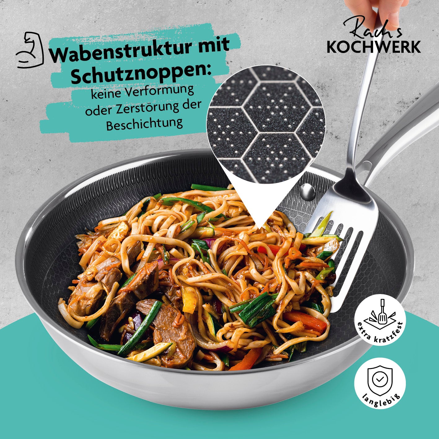 Wok-Pfanne mit Wabenstruktur Ø 28 cm, kratzfest, antihaftbeschichtet, für fettarmes Braten und alle Herdarten geeignet.