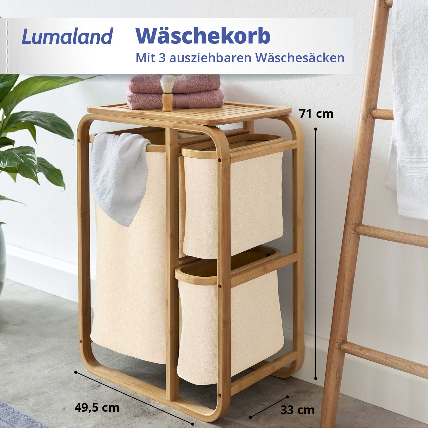 Bambus Wäschekorb - 1 XL Fach + 2 Kompaktfächer in Beige mit 3 ausziehbaren Wäschesäcken, 49,5 x 33 x 71 cm, modernes naturnahes Design