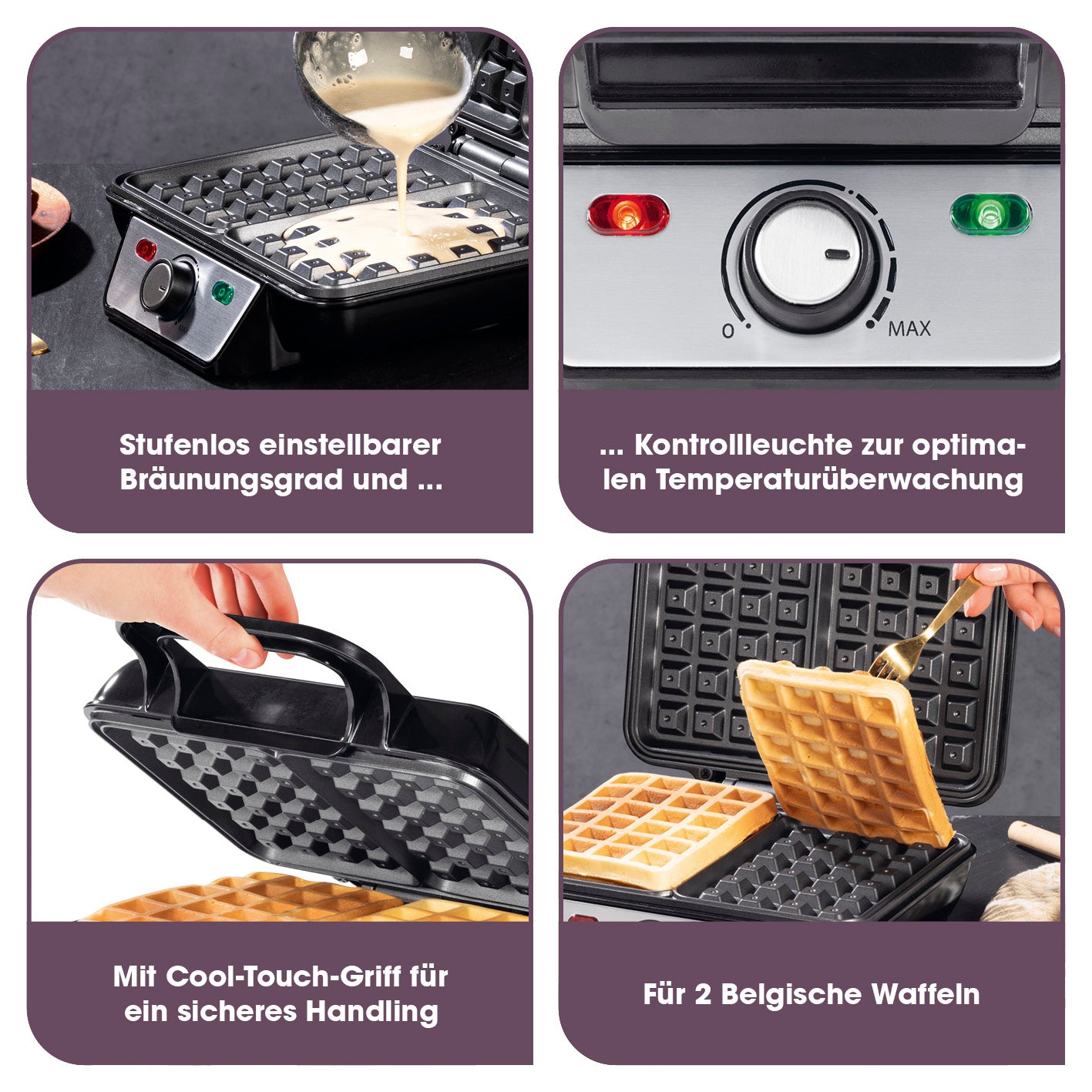 Waffeleisen für Belgische Waffeln mit stufenlos einstellbarem Bräunungsgrad, Cool-Touch-Griff und Platz für 2 Waffeln.
