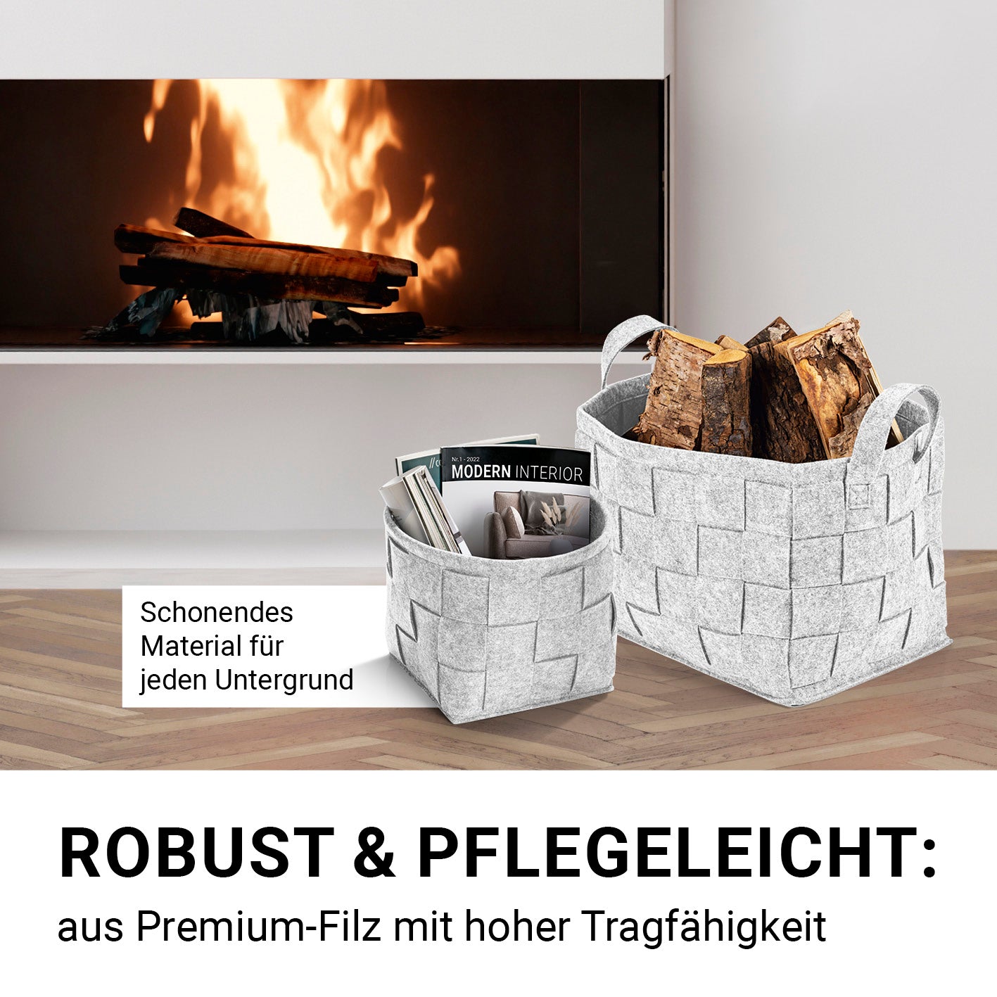 Filz-Aufbewahrungstasche M - 35 x 25 x 25 cm - Hellgrau, faltbarer und robuster Filzkorb mit Tragegriffen für vielseitige Aufbewahrung im Haushalt.