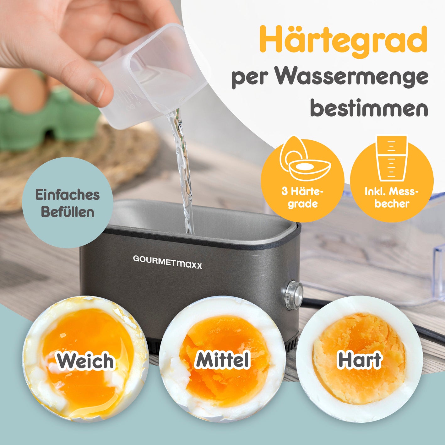 Design-Eierkocher 2 Eier - Anthrazit mit Messbecher für 3 Härtegrade von weich bis hart einfach per Wassermenge einstellen
