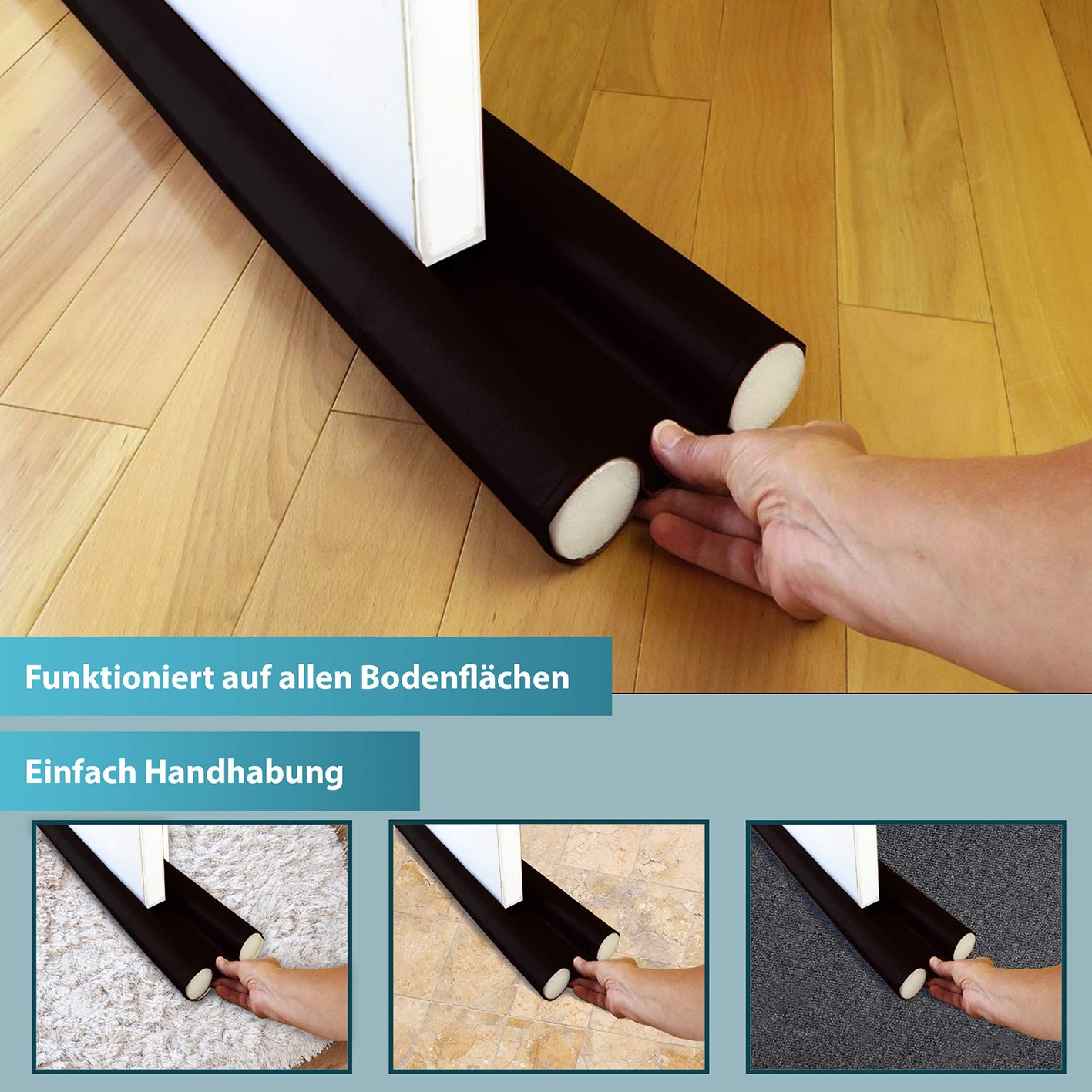 Zugluftstopper für Türen 2er-Set, universal zuschneidbar, schützt vor Zugluft, Kälte, Lärm und hält Türen dicht auf allen Böden.