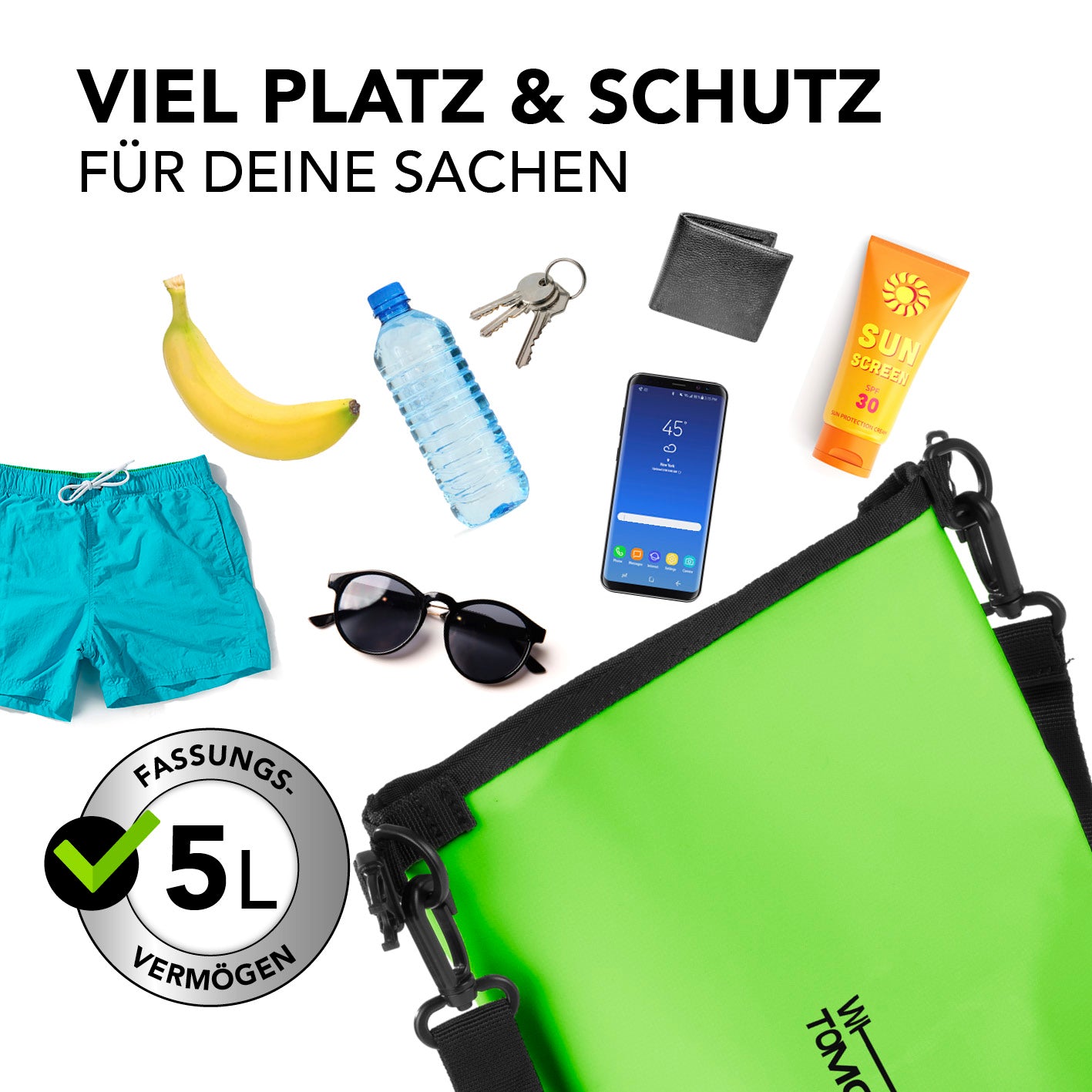 Dry Bag 5L - Style 02 - Grün wasserdichter, robuster Rucksack mit 5L Fassungsvermögen und verstellbarem Schultergurt für Outdoor-Abenteuer.