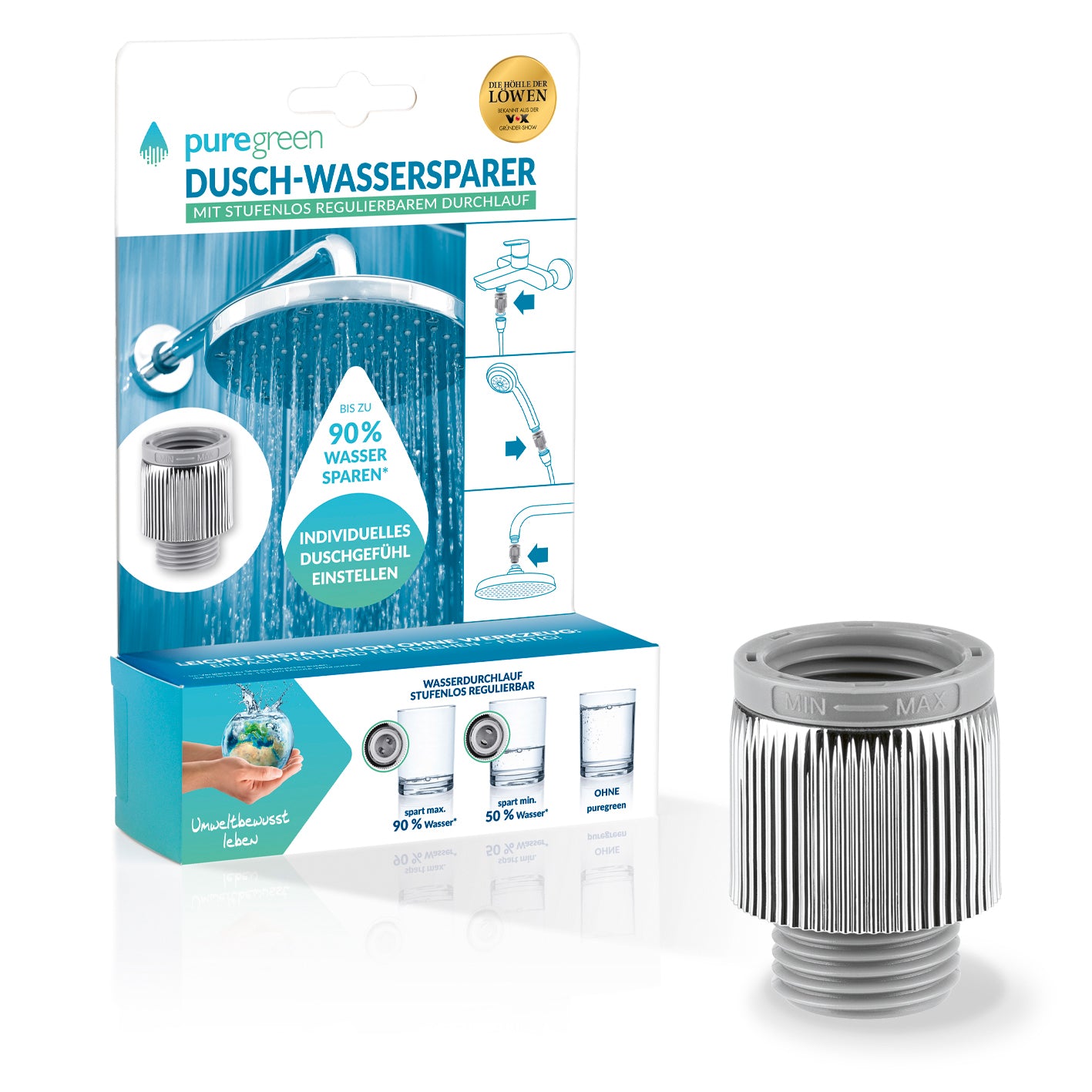 Einstellbarer Wassersparer für die Dusche - chromfarben - 2er-Set, stufenlos regulierbar, spart bis zu 90 % Wasser, passend für 1/2" Gewinde.