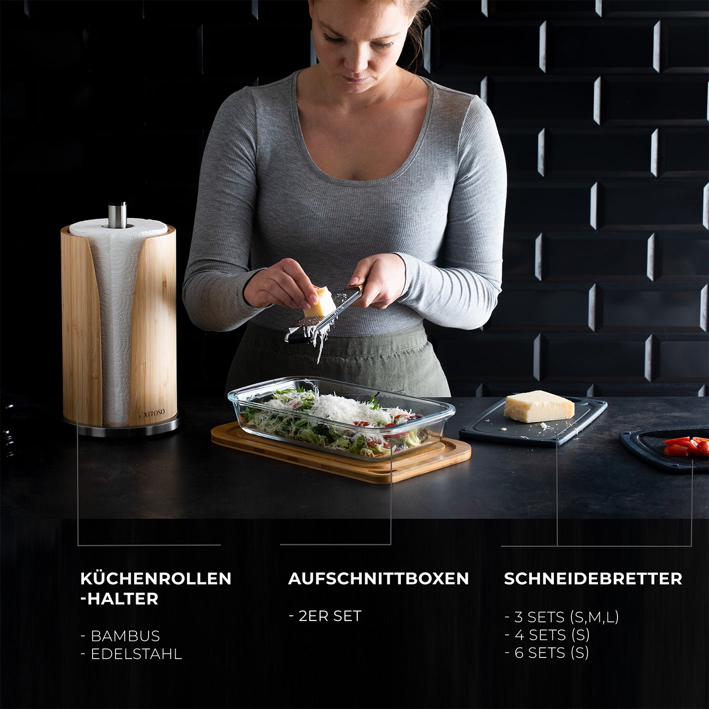 Küchenrollenhalter - Bambus + Edelstahl, stilvoll, nachhaltig, rostfrei, platzsparend, ideal für Küche, Bad, Büro und Restaurant.