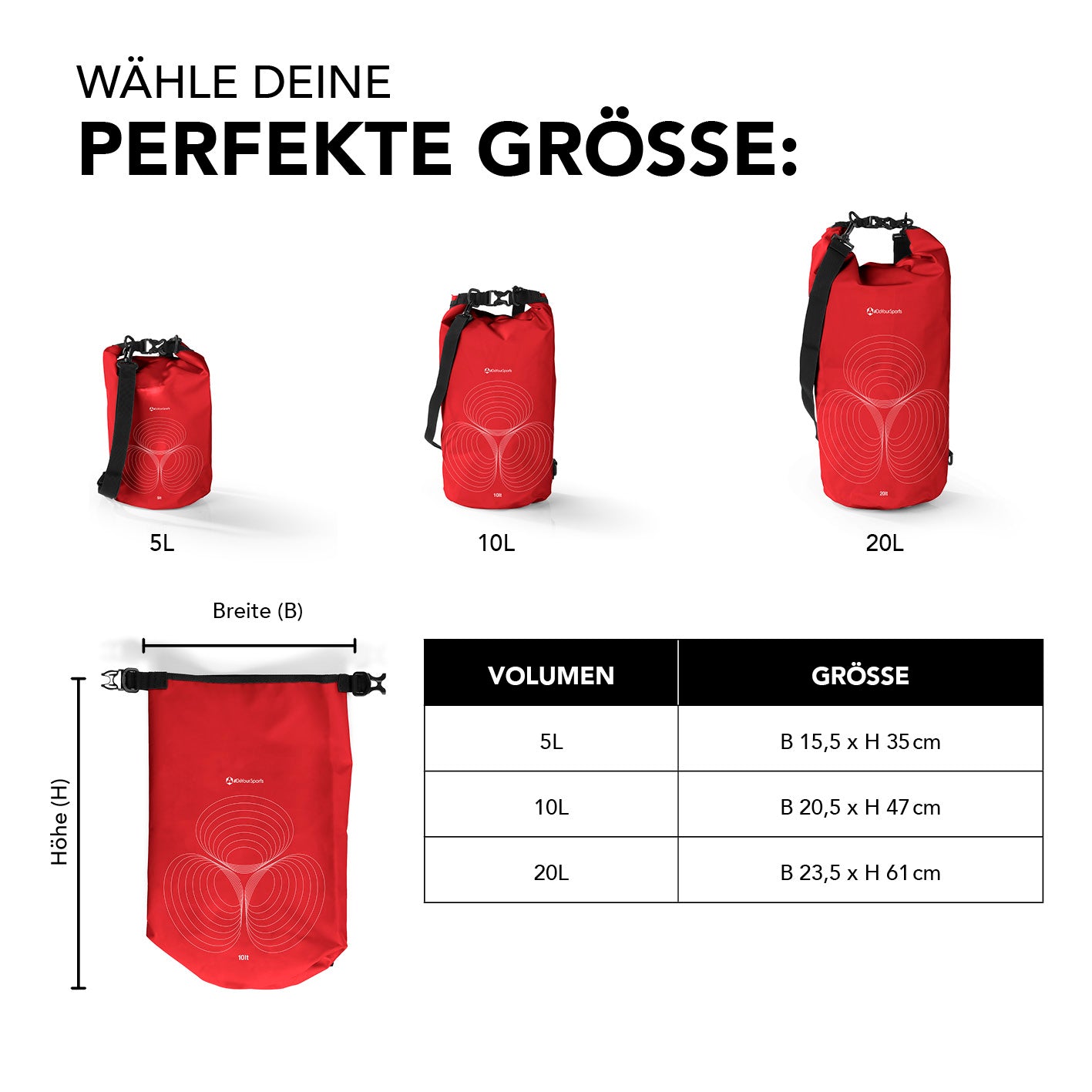 Dry Bag 20L - Rot, wasserdichter Outdoor-Rucksack mit robustem Rolltop-Verschluss, verstellbarem Schultergurt und UV-Schutz.