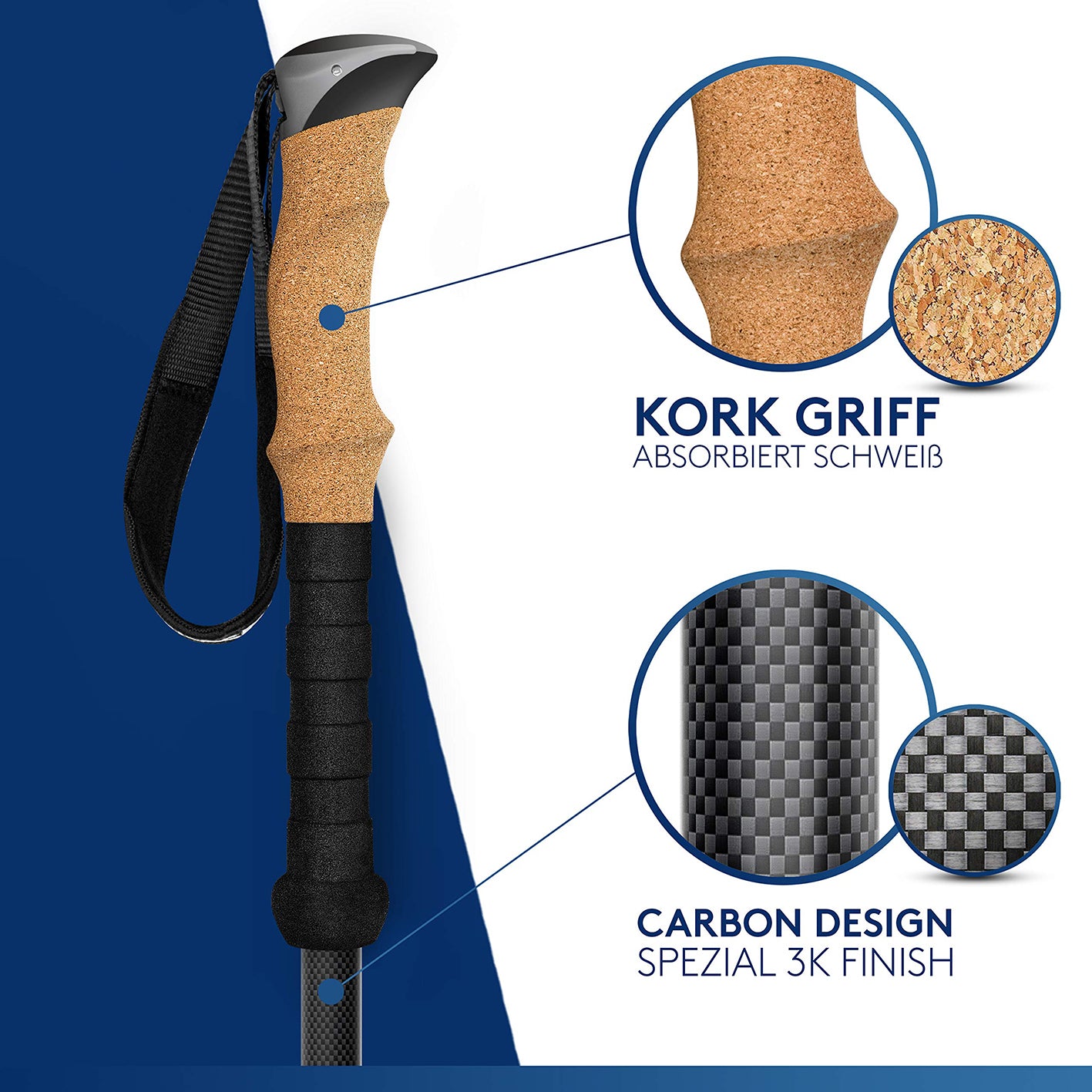 Teleskop Wanderstöcke mit Gummipuffer Set - Carbon mit schweißabsorbierendem Korkgriff und leichtem Carbon Design für stabile Wanderungen.