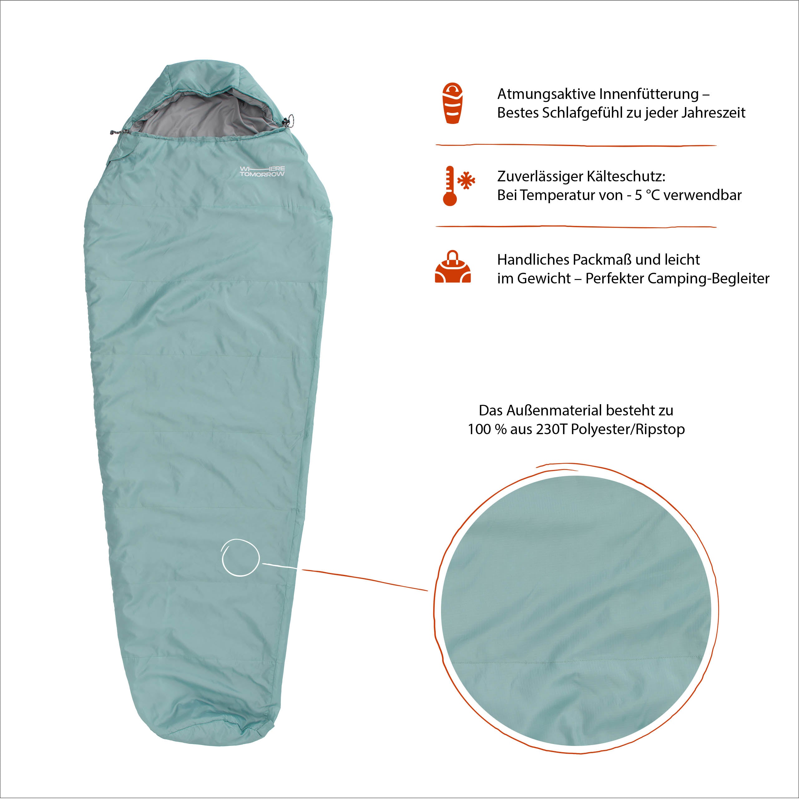 Camping Schlafsack Small & Light Hellblau mit wasserabweisendem Material, atmungsaktiver Innenfütterung und Kälteschutz bis -5 °C.