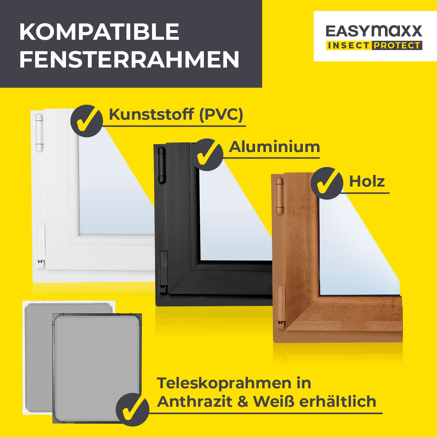 Teleskop-Insektenschutzgitter mit integriertem Netz - 4er-Set passend für Kunststoff, Aluminium und Holzfensterrahmen, anthrazit.