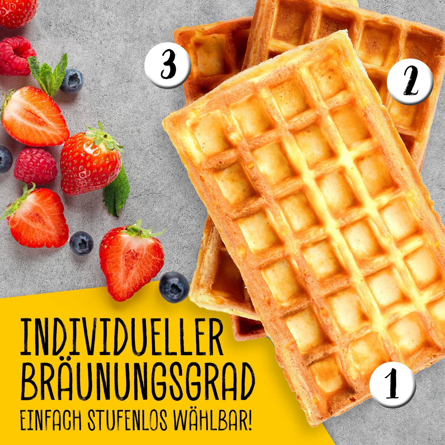 Waffeleisen für Belgische Waffeln mit stufenlos einstellbarem Thermostat für individuellen Bräunungsgrad und gleichmäßiger Wärmeverteilung.
