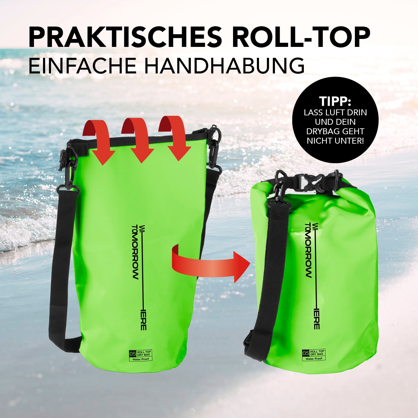 Dry Bag 5L - Style 02 - Grün mit wasserdichtem Rolltop-Verschluss und verstellbarem Schultergurt für Outdoor-Abenteuer.