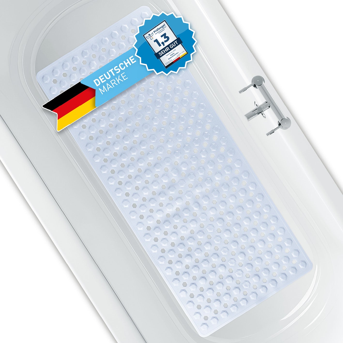 Badewannenmatte 88 x 40 cm – Weiß mit rutschfester Struktur und Saugnäpfen für sicheren Halt in der Badewanne.