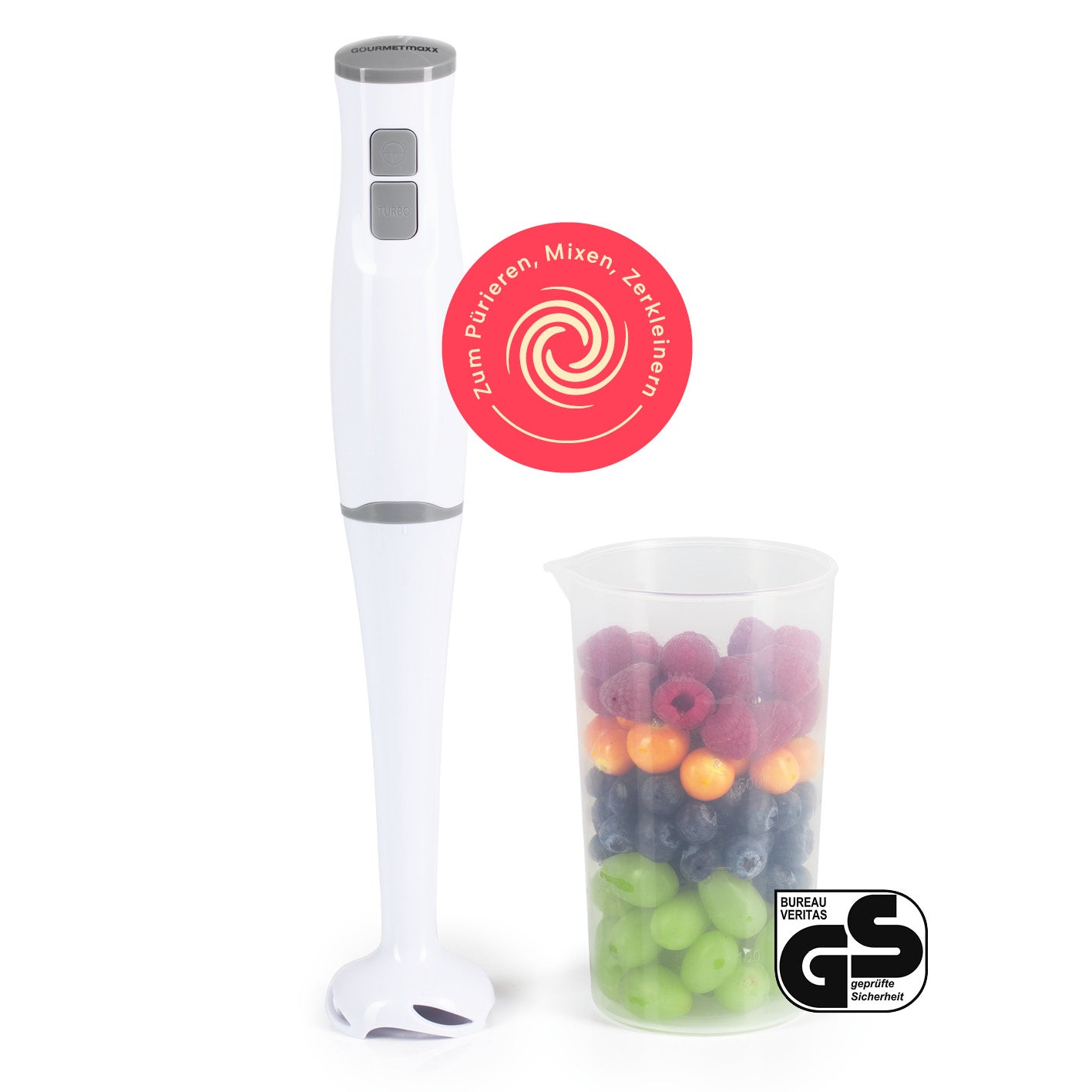 Stabmixer mit Messbecher - weiß/grau mit abnehmbarem Mixaufsatz, Edelstahlklinge und 700-ml-Becher für einfaches Pürieren und Mixen.