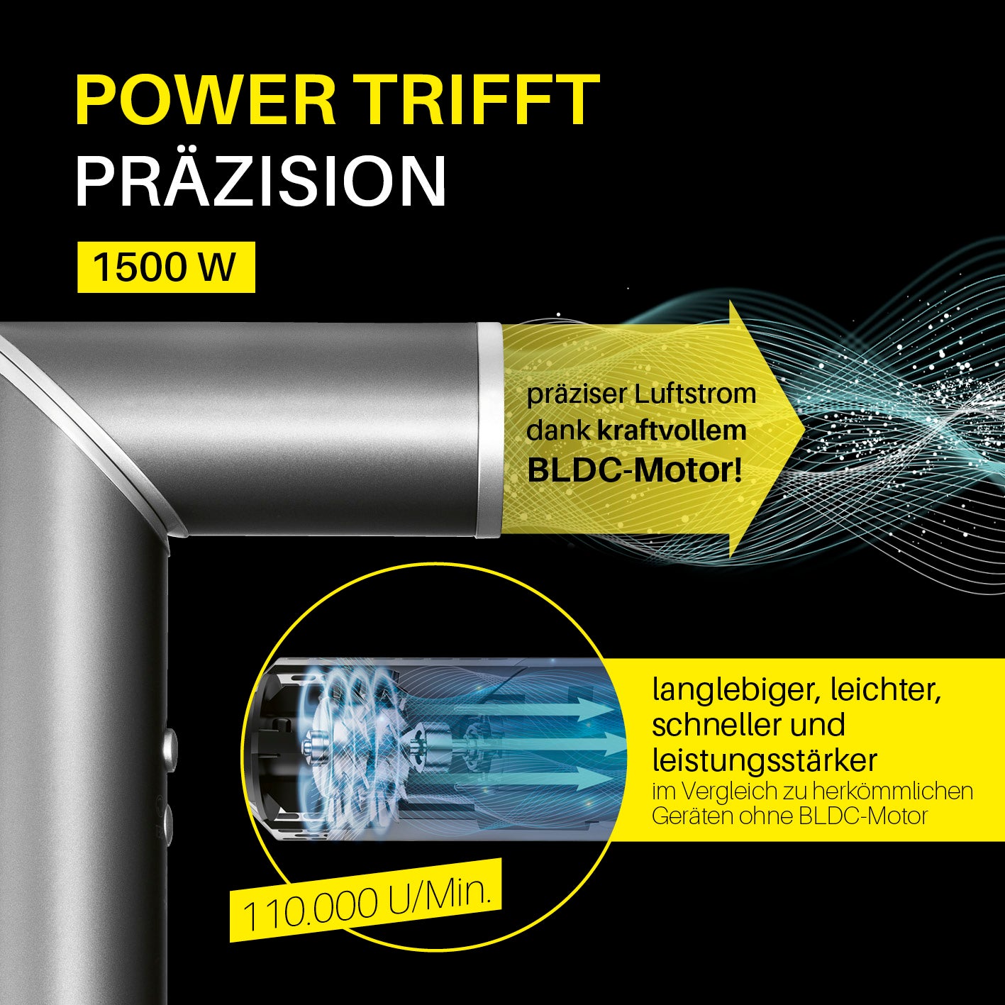 Hairstyler Flex mit 1500 W, kraftvollem BLDC-Motor, präzisem Luftstrom und bis zu 110.000 U/min für schnelles, flexibles Styling.