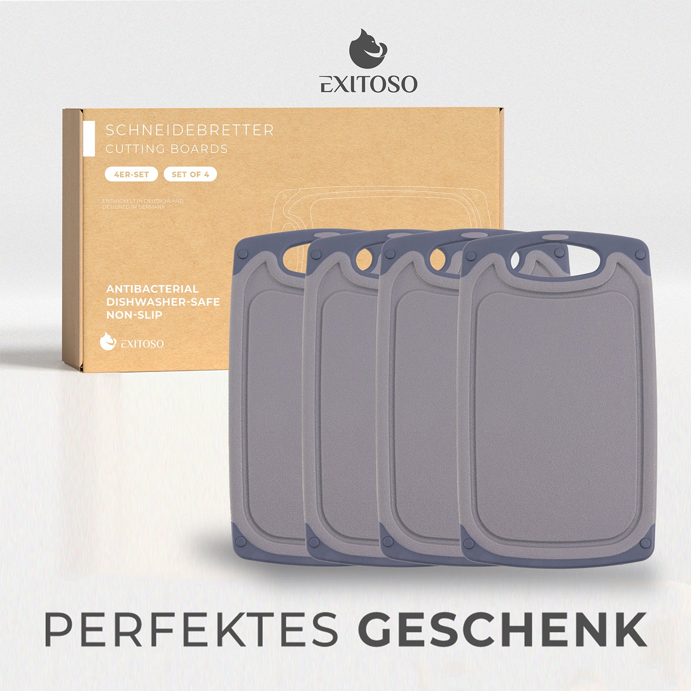 Frühstücksbrettchen - 4er-Set - Grau mit rutschfestem Design, vielseitig nutzbar und spülmaschinenfest für die ganze Familie.
