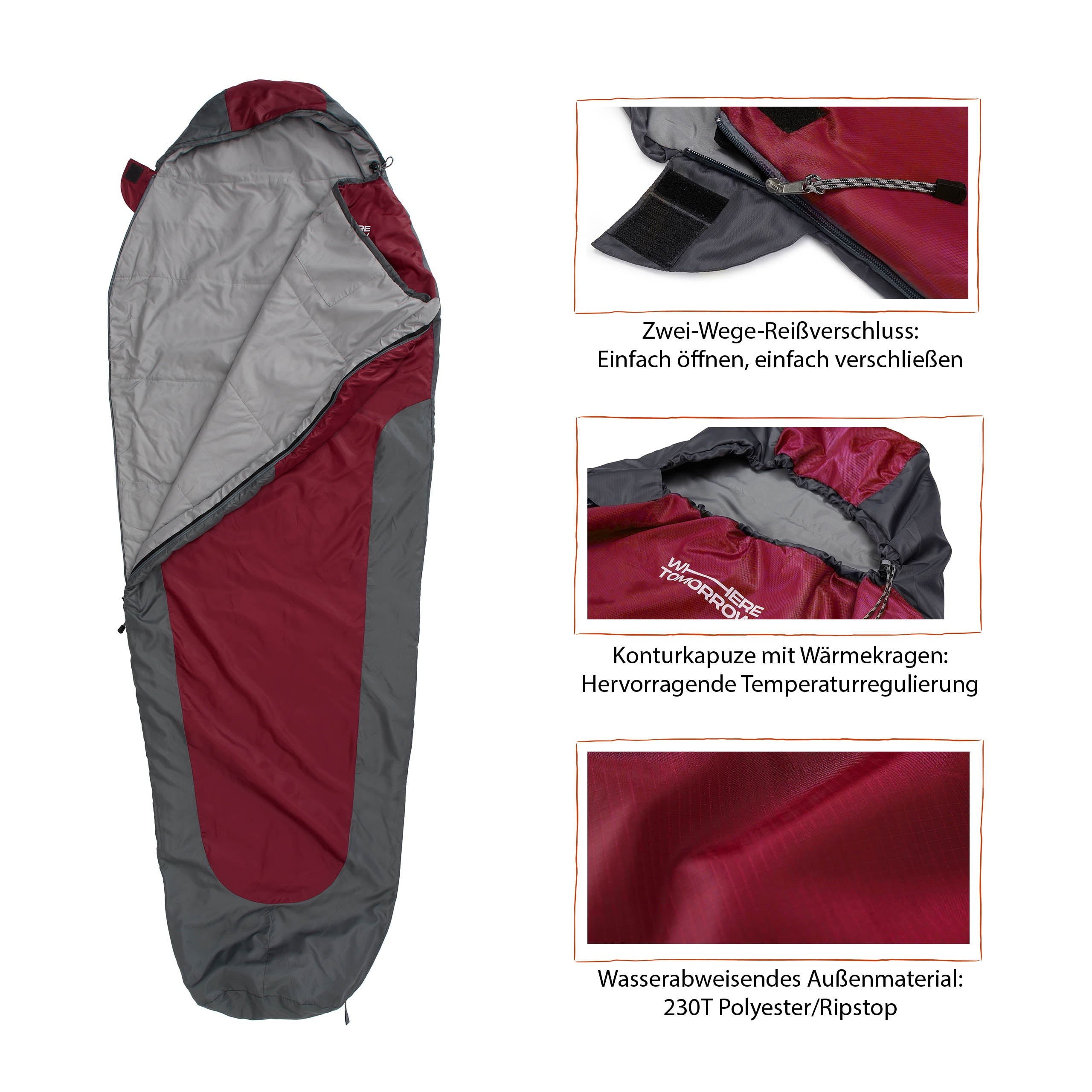 Camping Schlafsack Small & Light Mumienschlafsack Rot-Grau mit wasserabweisendem Material, Kordelzug-Kapuze und Zwei-Wege-Reißverschluss.