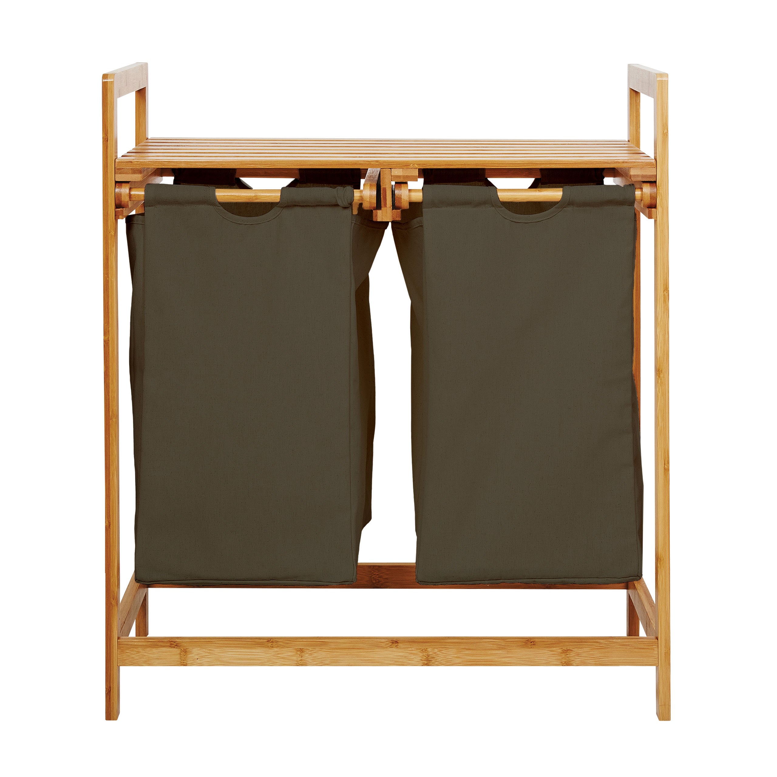 Bambus Wäschekorb mit 2 ausziehbaren Wäschesäcken in Oliv, 73x64x33 cm, stilvoll und pflegeleicht für Wäschesortierung.
