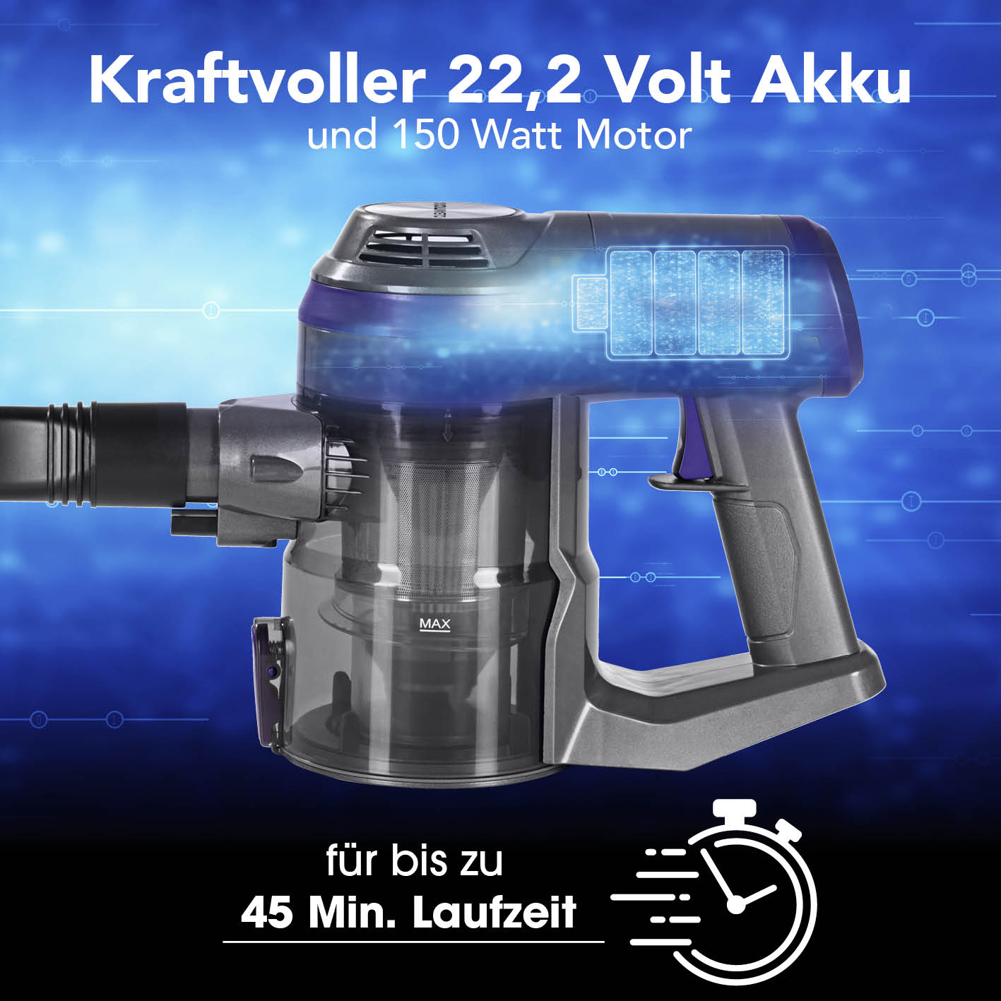 Akku-Zyklon-Staubsauger - anthrazit/lila mit 22,2 Volt Akku, 150 Watt Motor und bis zu 45 Min. Laufzeit für kraftvolles Staubsaugen.