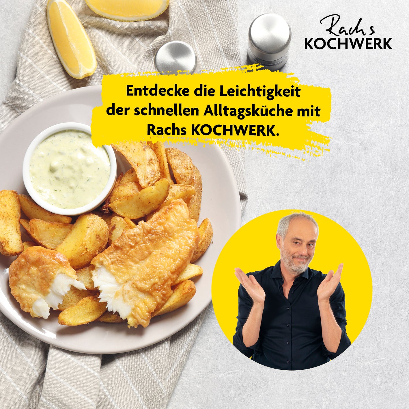 Heißluft-Fritteuse Digital mit Shake-Reminder 4l - 7 Programme zeigt knusprige Pommes und Fisch mit Dip und Rachs KOCHWERK Branding.