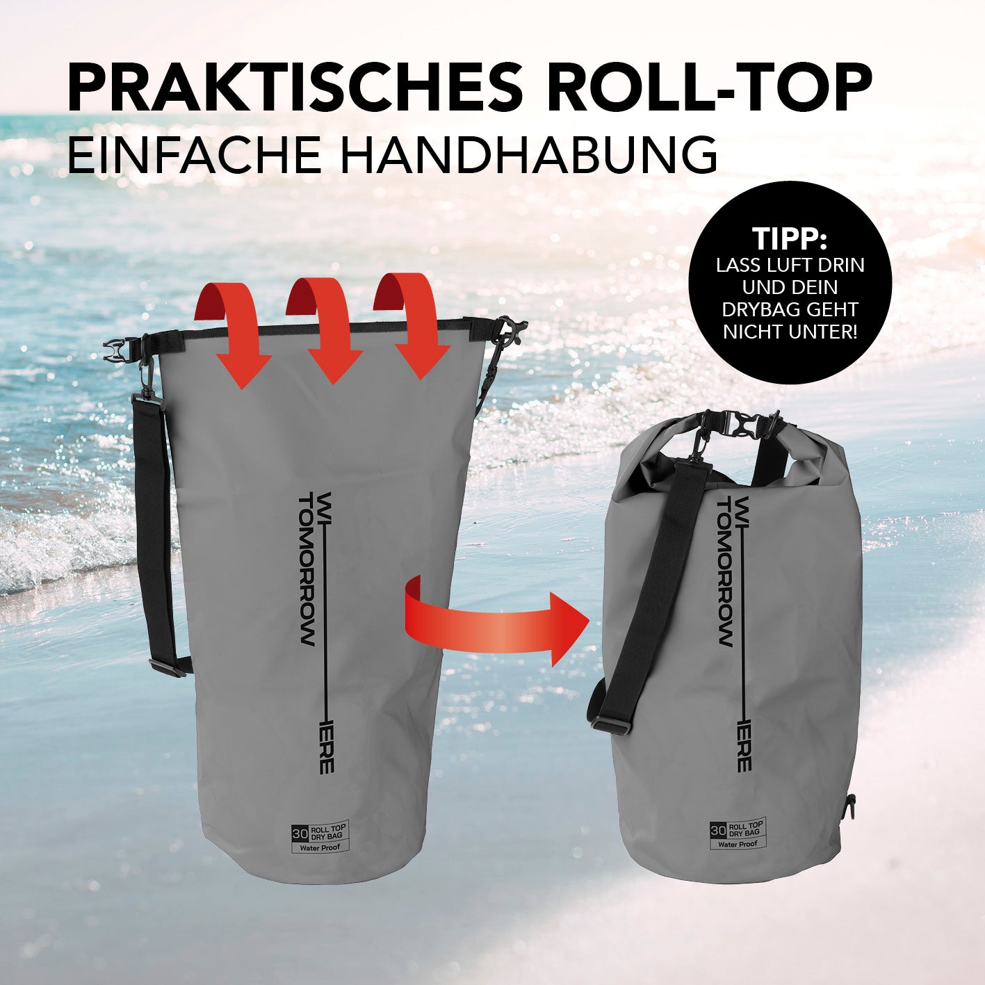 Dry Bag 30L - Style 02 - Grau mit wasserdichtem Rolltop-Verschluss und verstellbarem Schultergurt, ideal für Outdoor-Abenteuer.